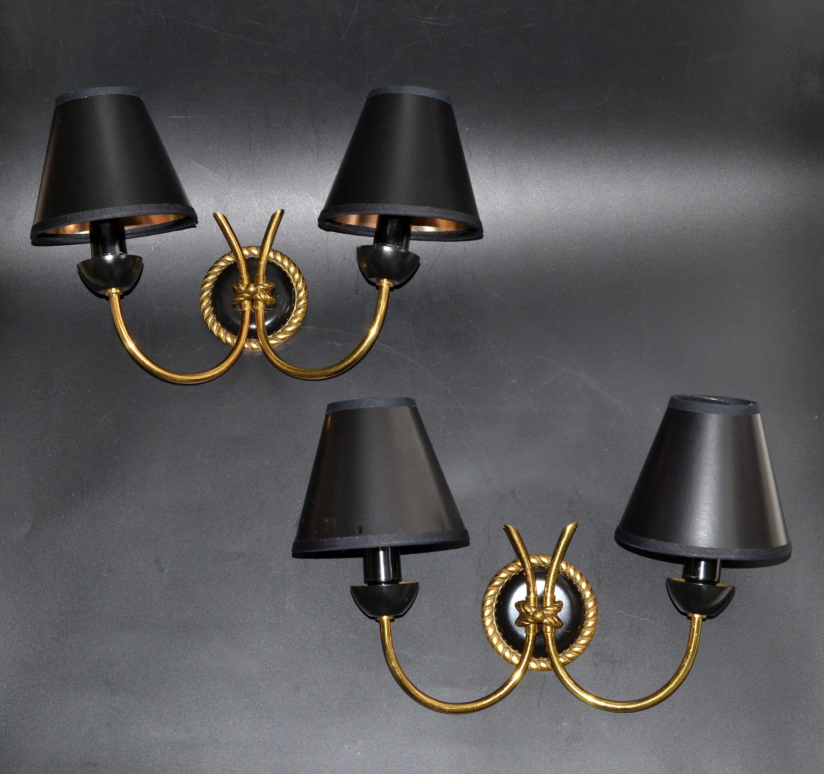French Neoclassical Arlus Brass & Gun Metal Sconces Wall Lights Black & Gold Shades, 2