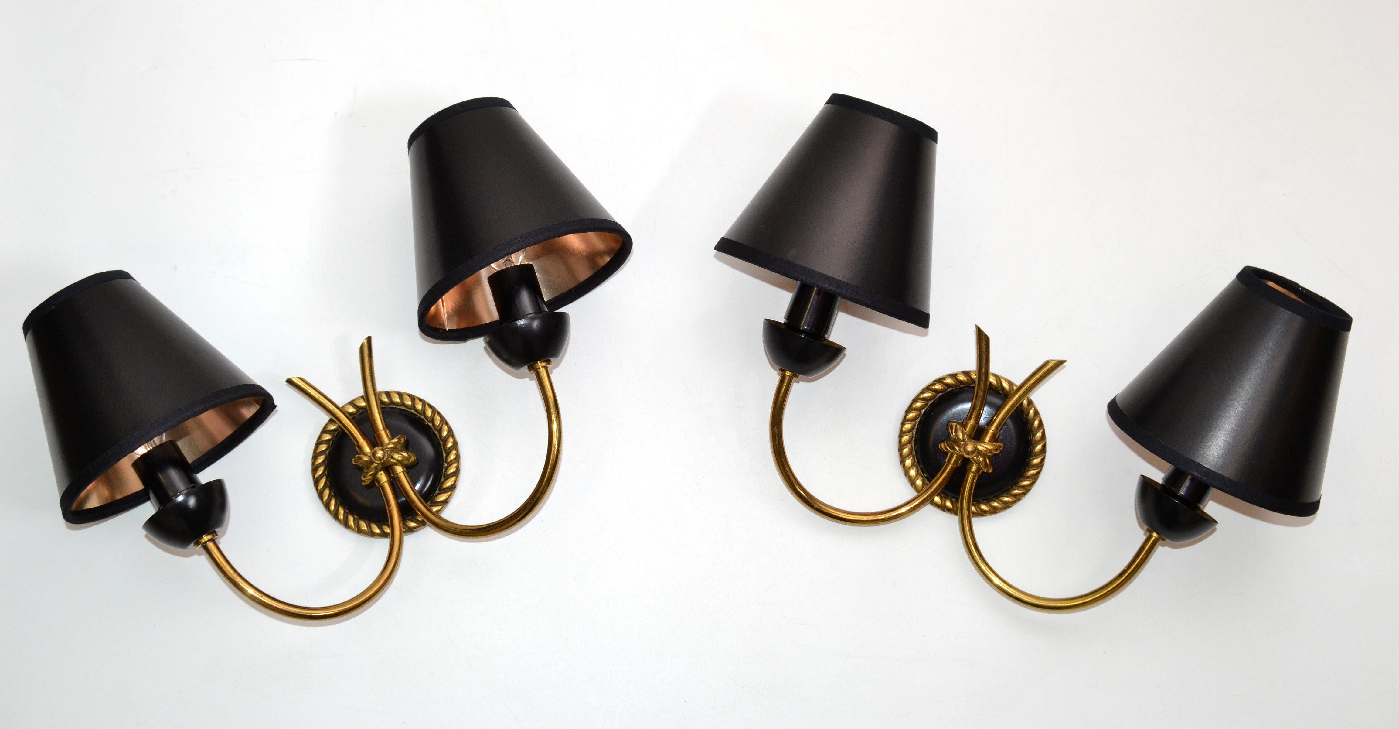 Ebonized Neoclassical Arlus Brass & Gun Metal Sconces Wall Lights Black & Gold Shades, 2