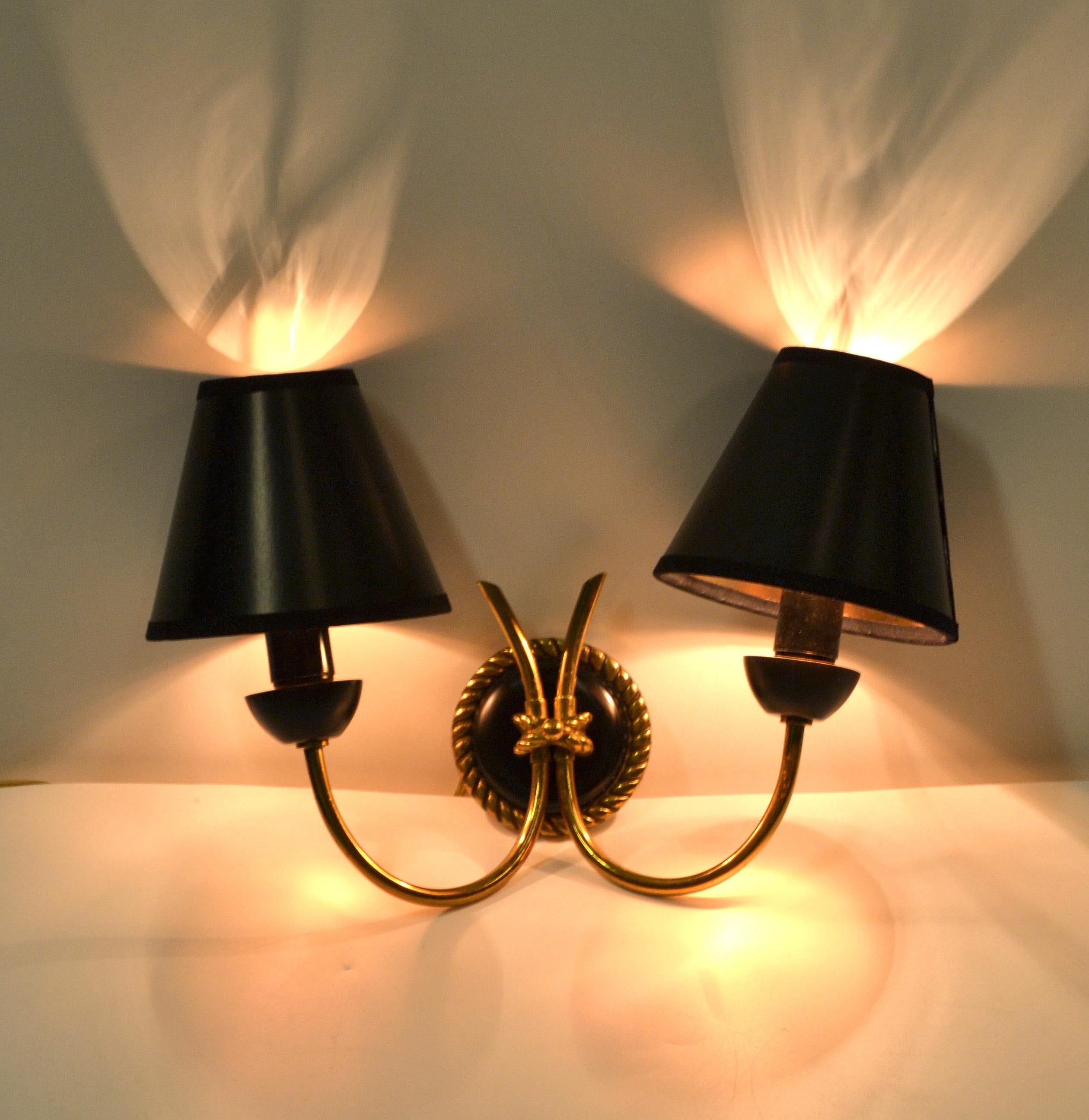 Neoclassical Arlus Brass & Gun Metal Sconces Wall Lights Black & Gold Shades, 2 In Good Condition In Miami, FL