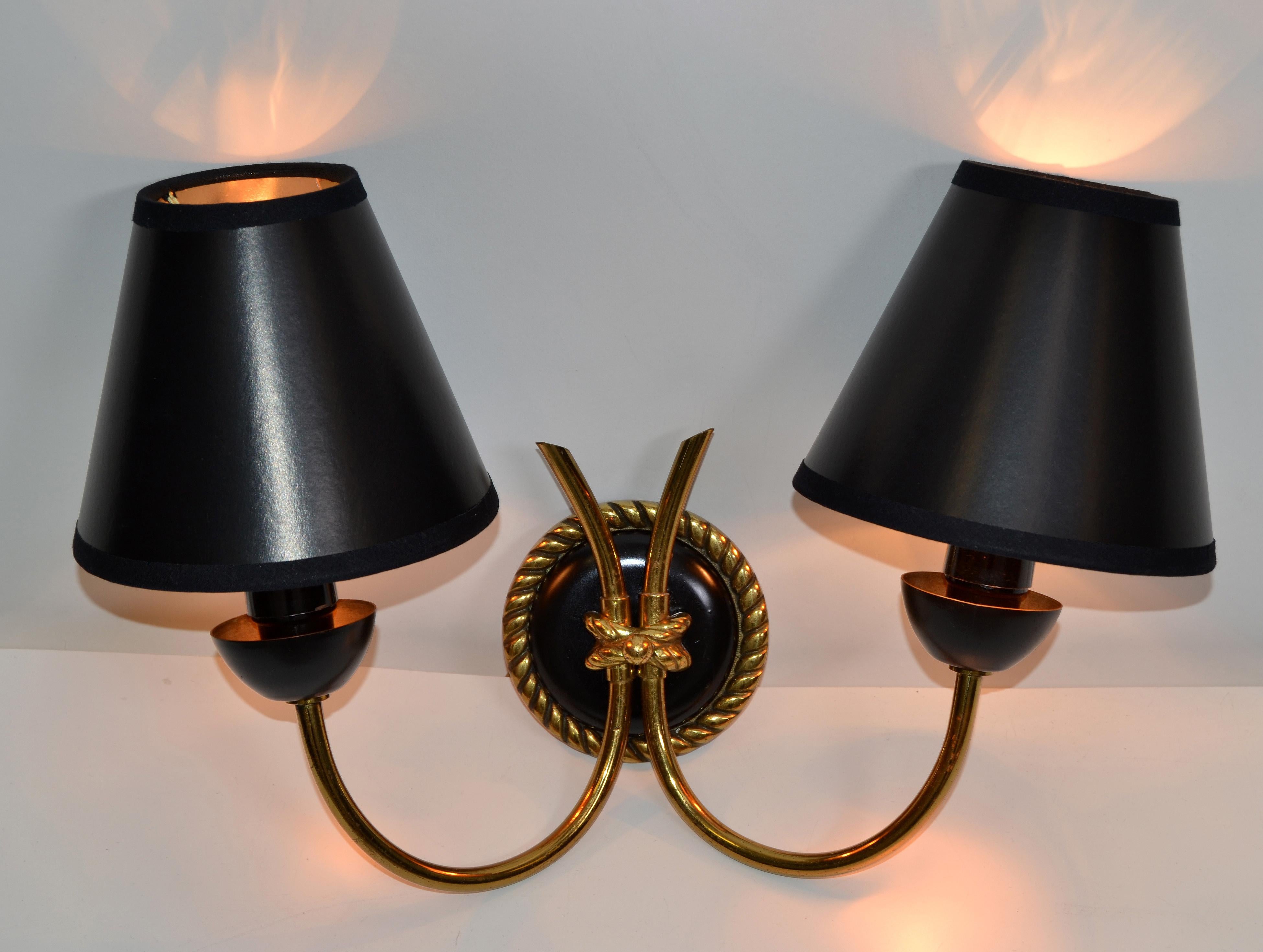 20th Century Neoclassical Arlus Brass & Gun Metal Sconces Wall Lights Black & Gold Shades, 2