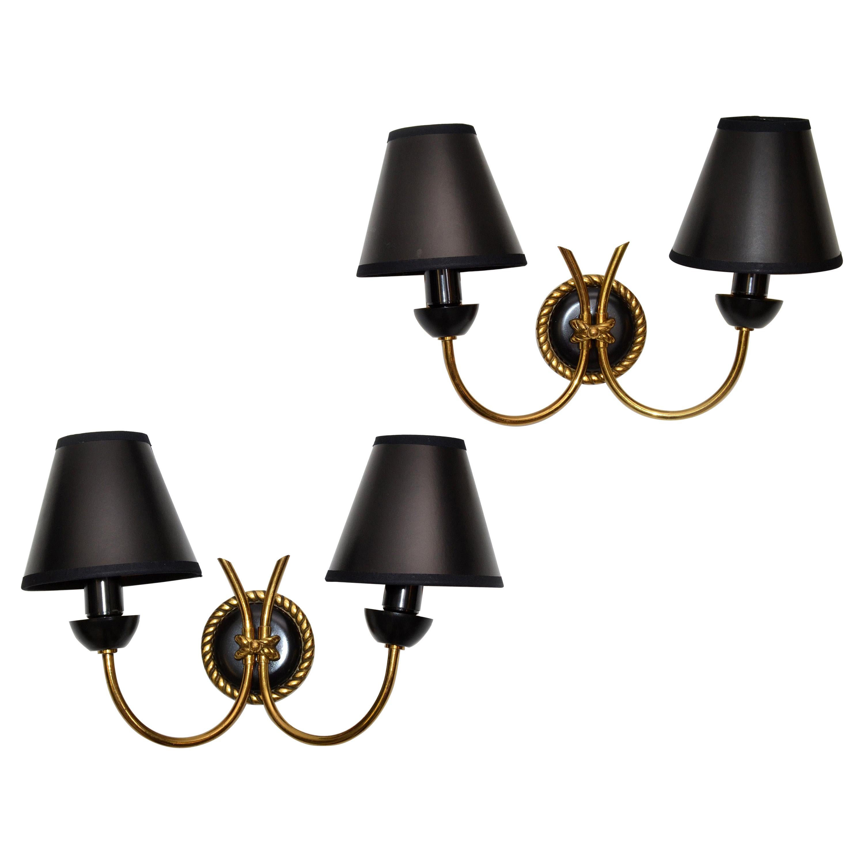 Neoclassical Arlus Brass & Gun Metal Sconces Wall Lights Black & Gold Shades, 2