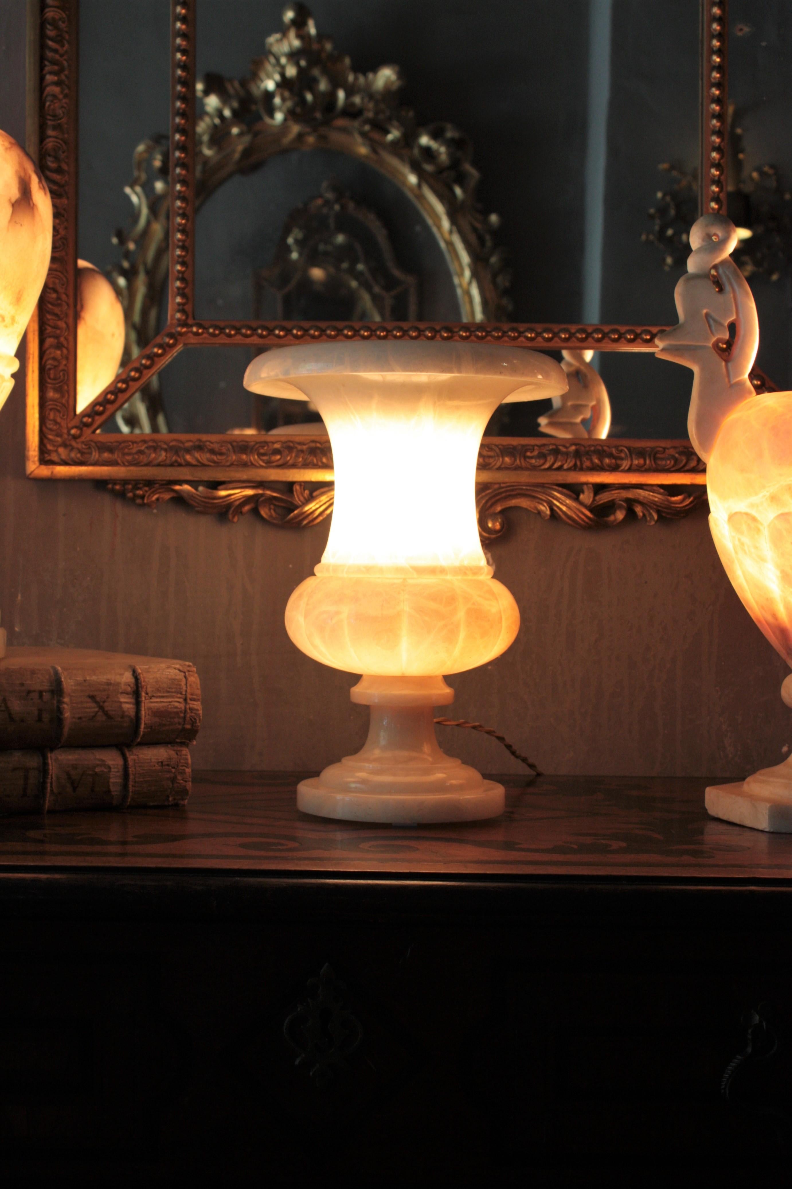 Carved Neoclassical Art Deco Alabaster Urn Lamp