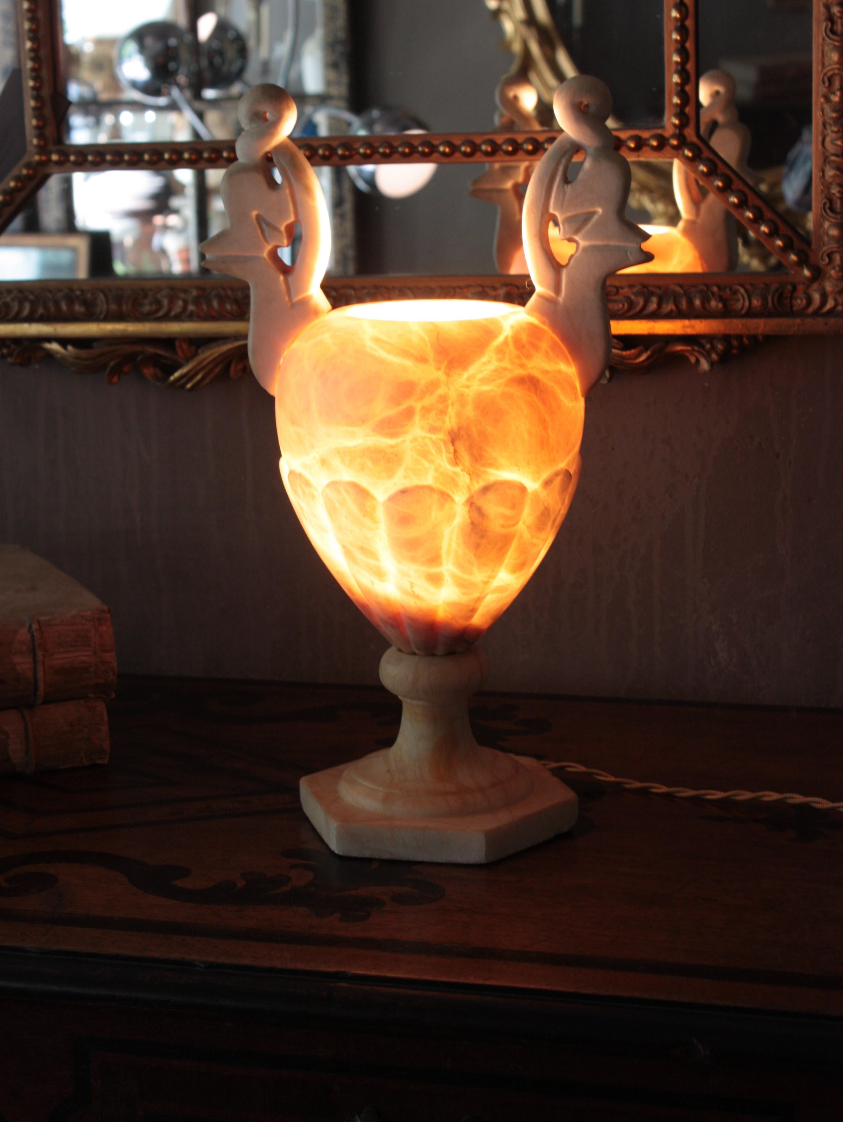 Neoclassical Art Deco Alabaster Urn Lamp with Handles For Sale 7