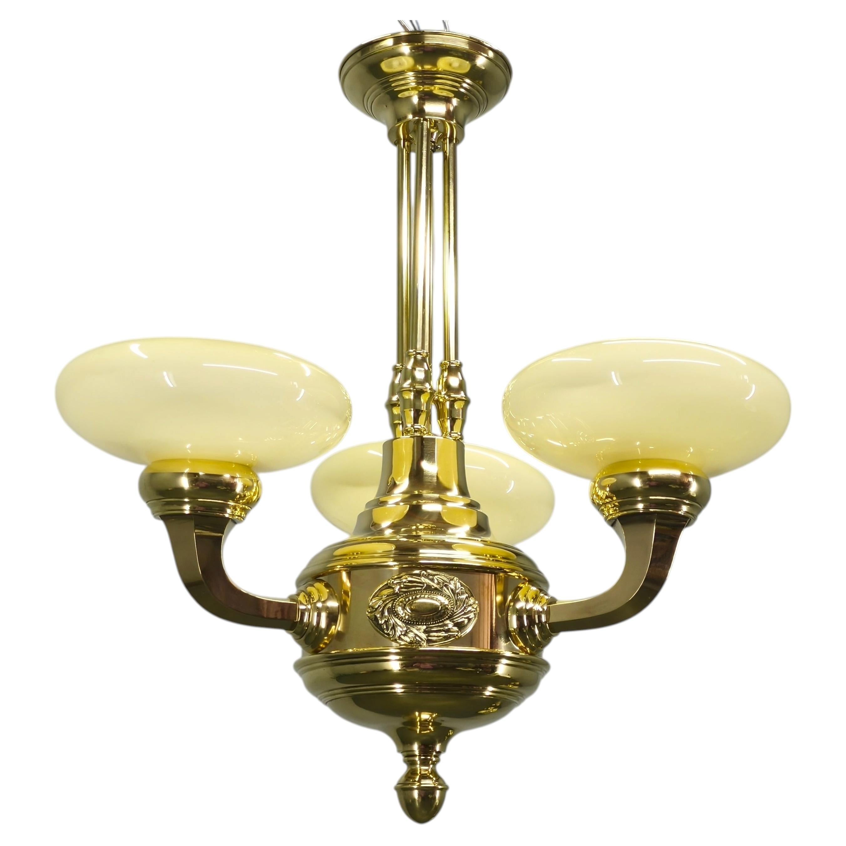 Neoclassical Art Deco Brass Chandelier, Czechoslovakia, 1930s For Sale