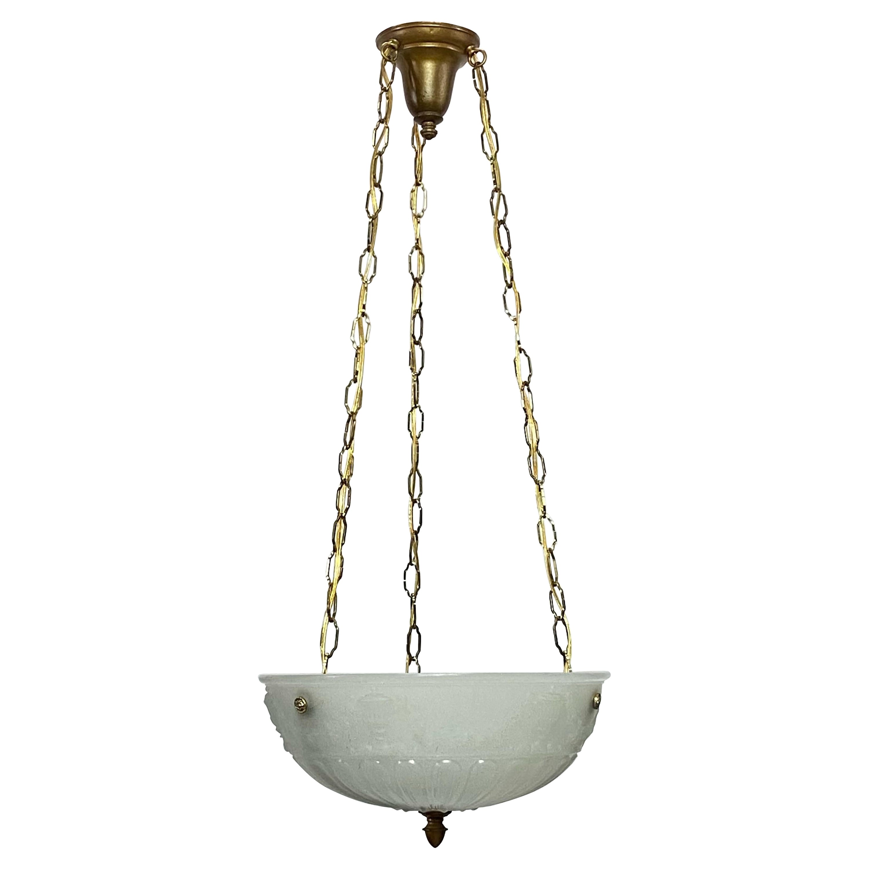 Neoclassical / Art Deco Style Glass Bowl Pendant Light Fixture, circa 1920