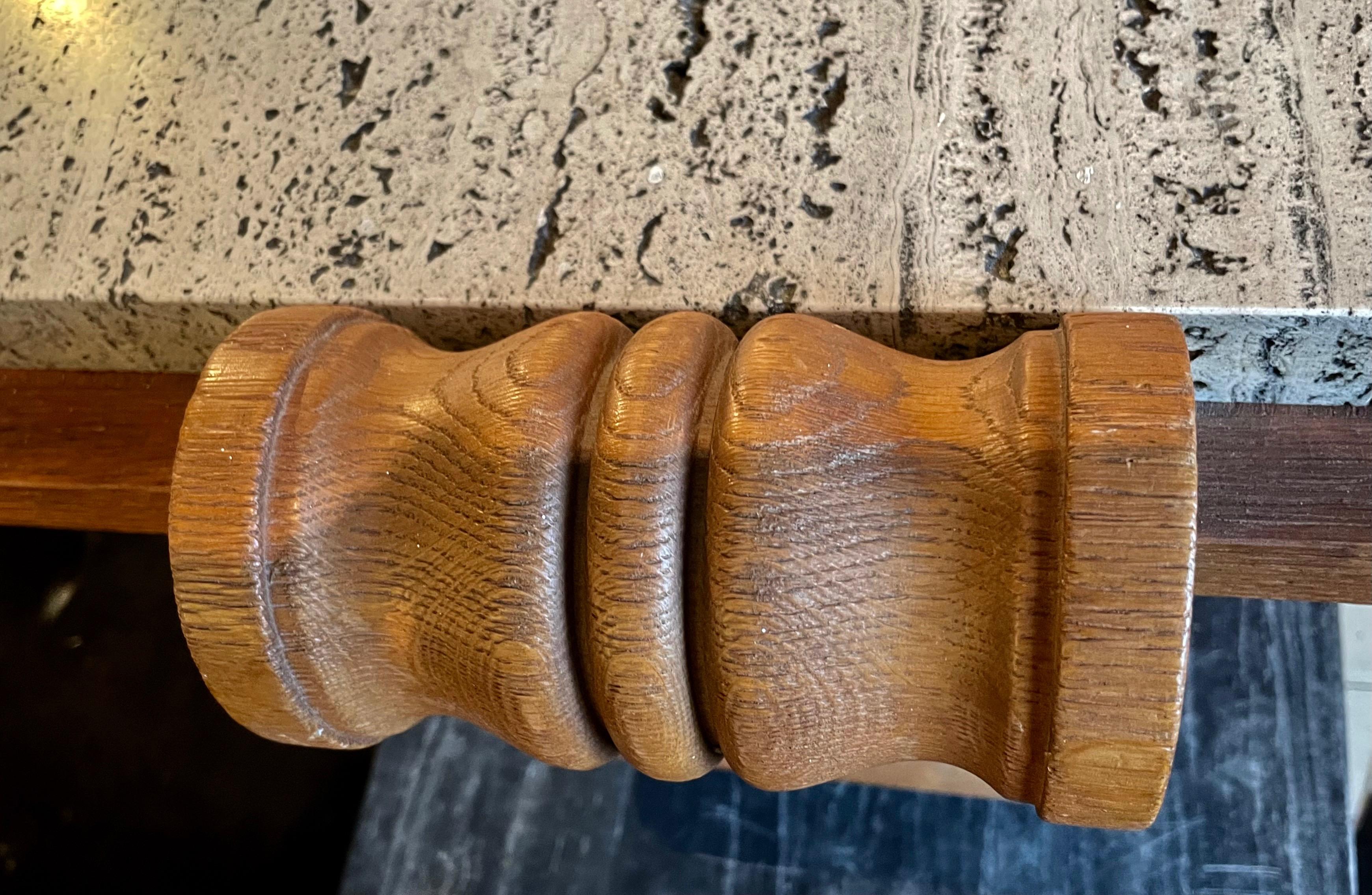 Travertine Neoclassical Baluster Sanded Oak Table by Moreux, France, 1939