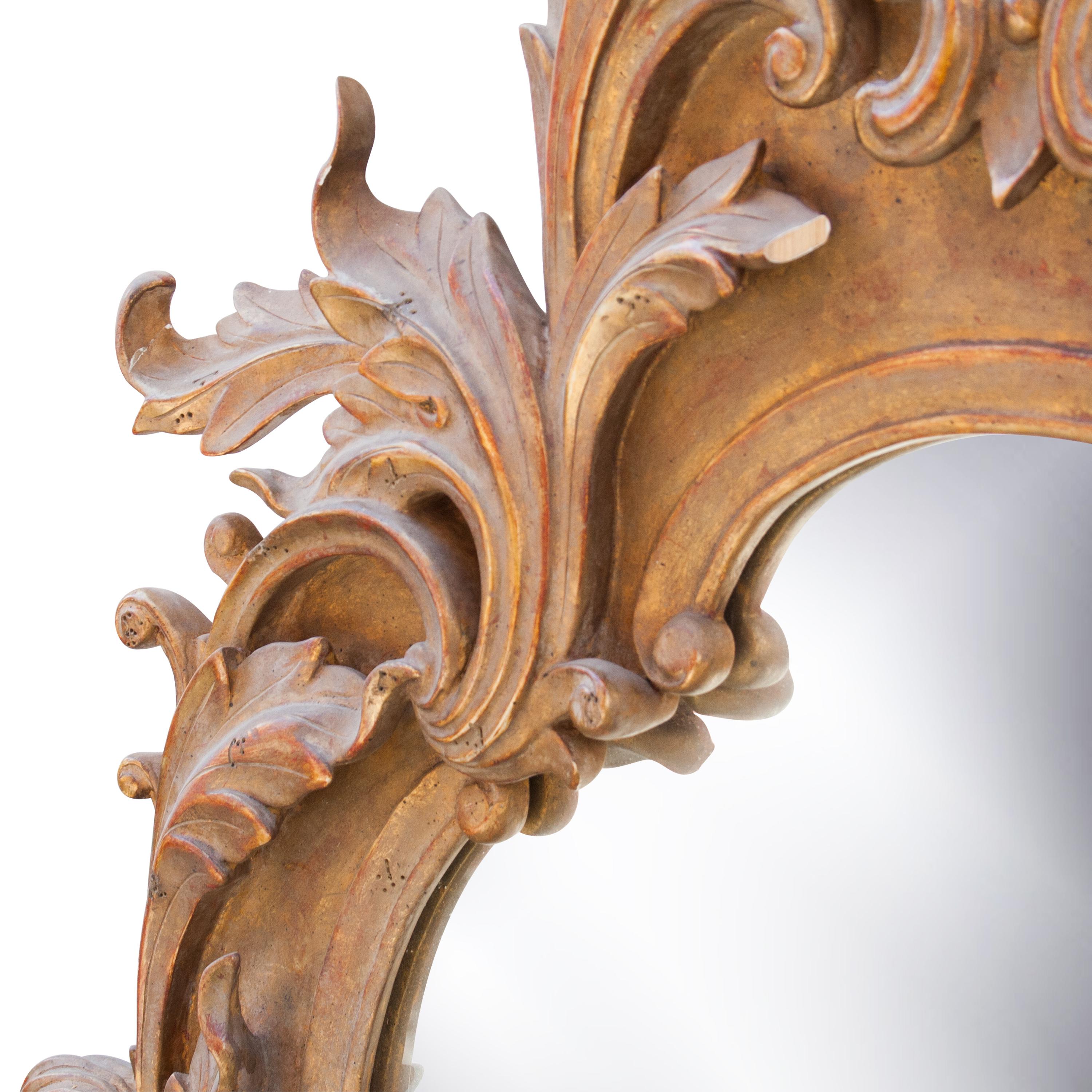 Spanish Neoclassical Baroque Acanthus Leaf Gold Foil Hand Carved Wooden Mirror, 1970 For Sale