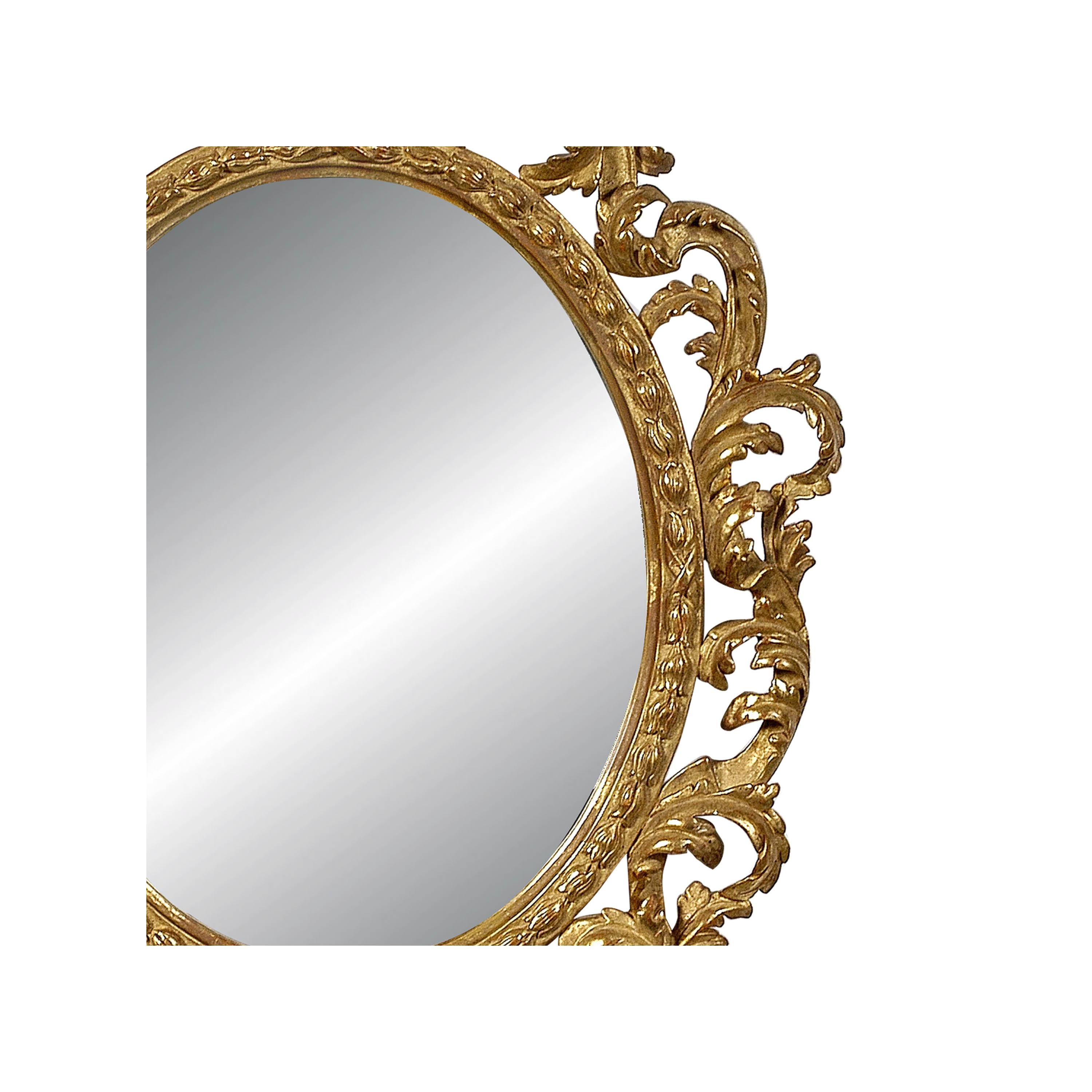 Spanish Neoclassical Baroque Leaf Gold Foil Hand Carved Wooden Mirror, 1970 For Sale