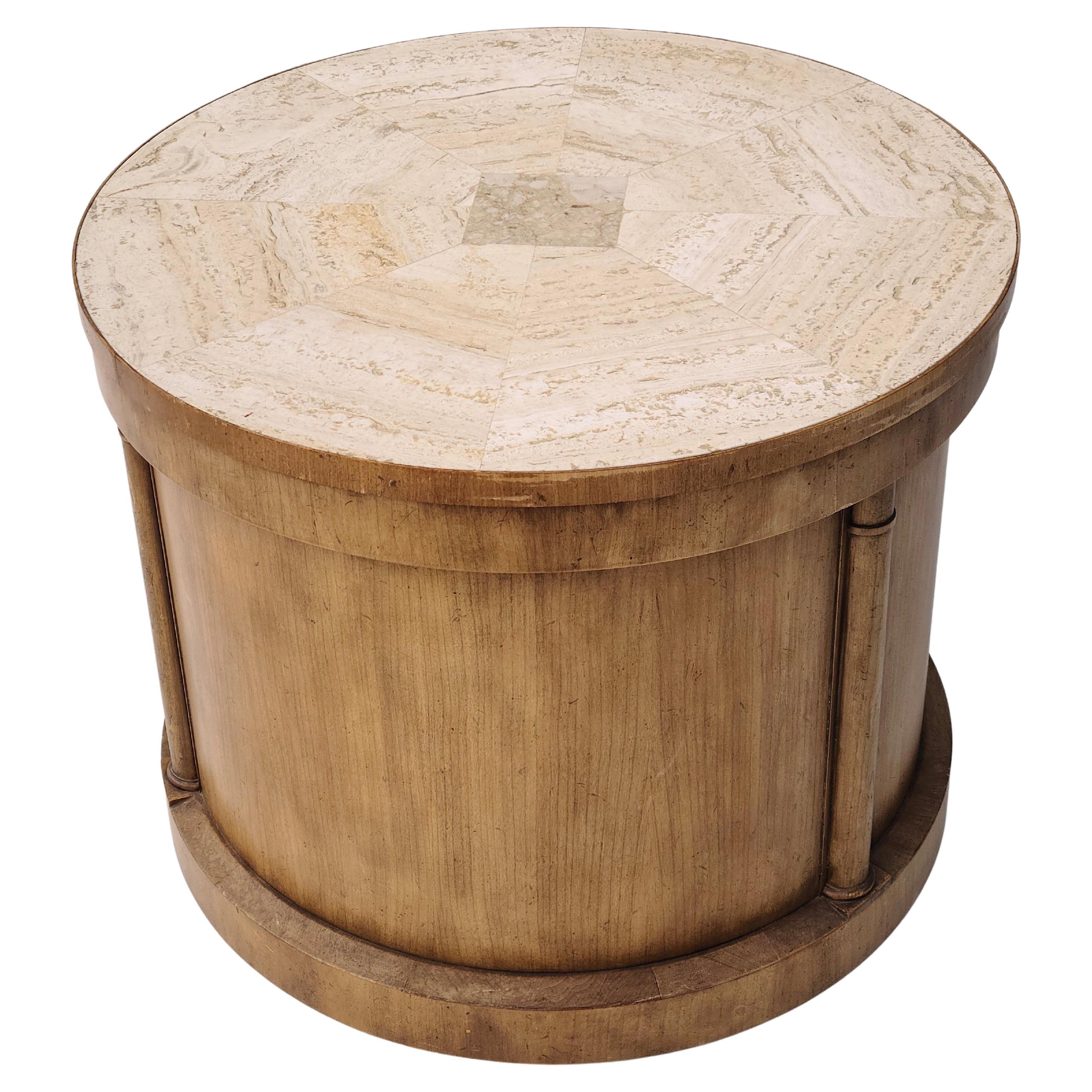 Neoclassical Barrister Speak Easy Table by Baker Travertine Walnut Cylinder For Sale 8