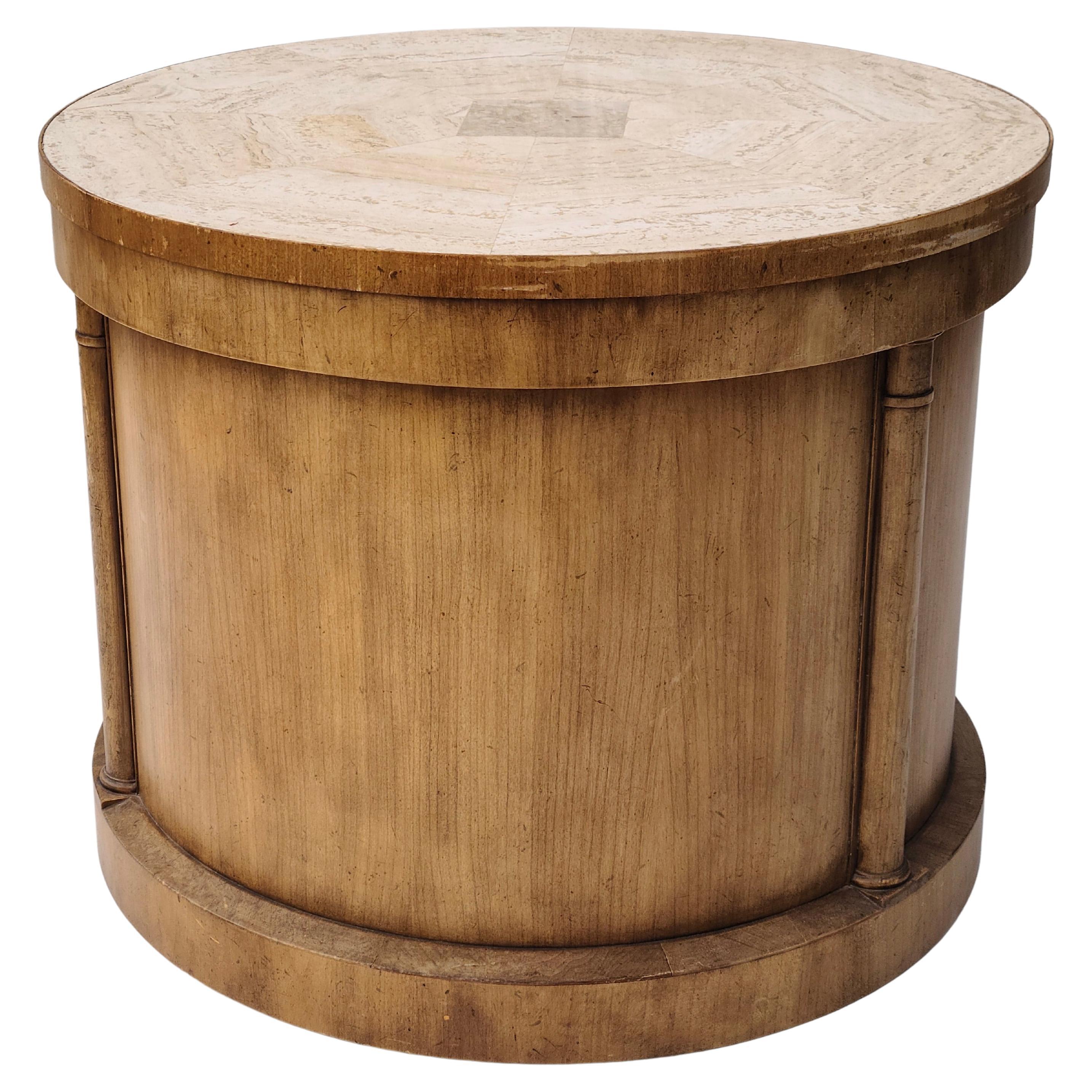 Neoclassical Barrister Speak Easy Table by Baker Travertine Walnut Cylinder For Sale 9
