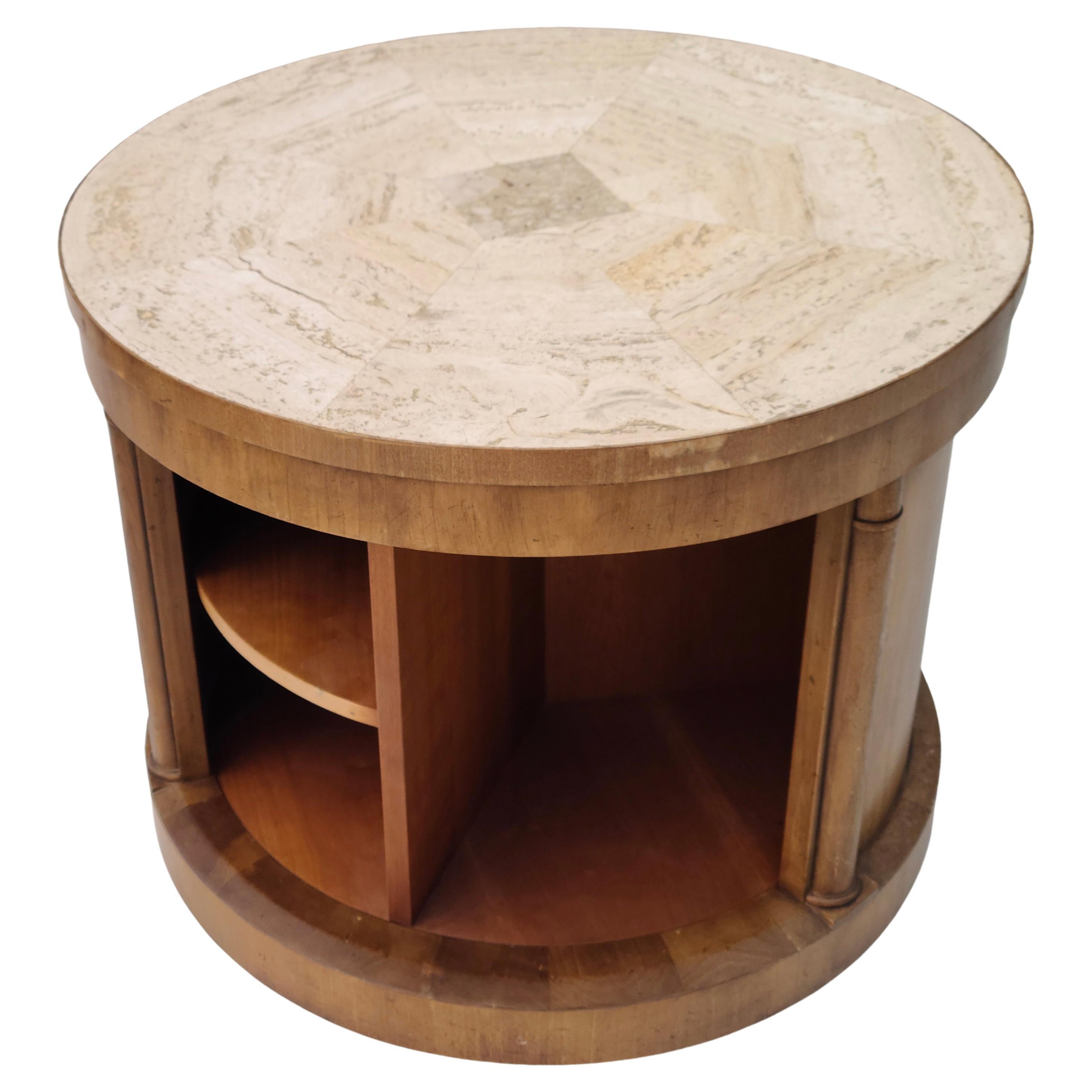Please feel free to message for accurate shipping to your location.

Cylinder side table by Baker. Mosaic Travertine Top. Walnut surround. Lazy
Susan rotary interior system in Cherry. Nice for discrete contents. Unrestored.