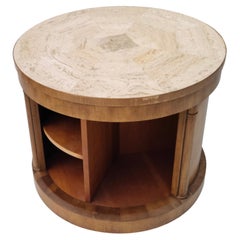 Neoclassical Barrister Speak Easy Table by Baker Travertine Walnut Cylinder