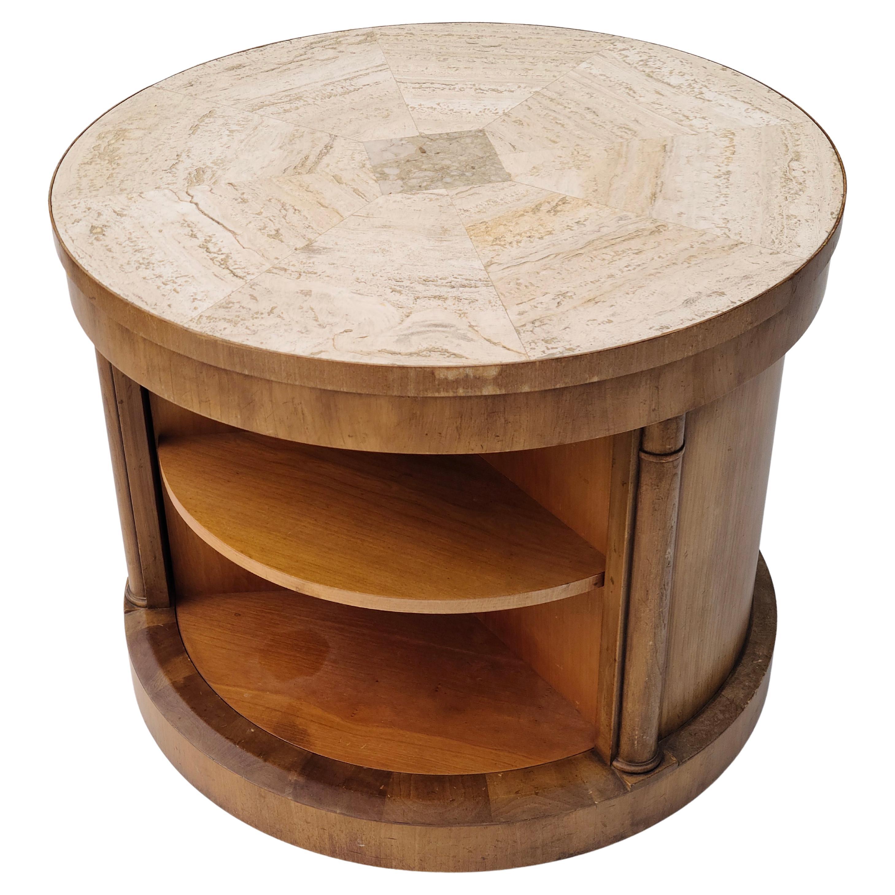 North American Neoclassical Barrister Speak Easy Table by Baker Travertine Walnut Cylinder For Sale