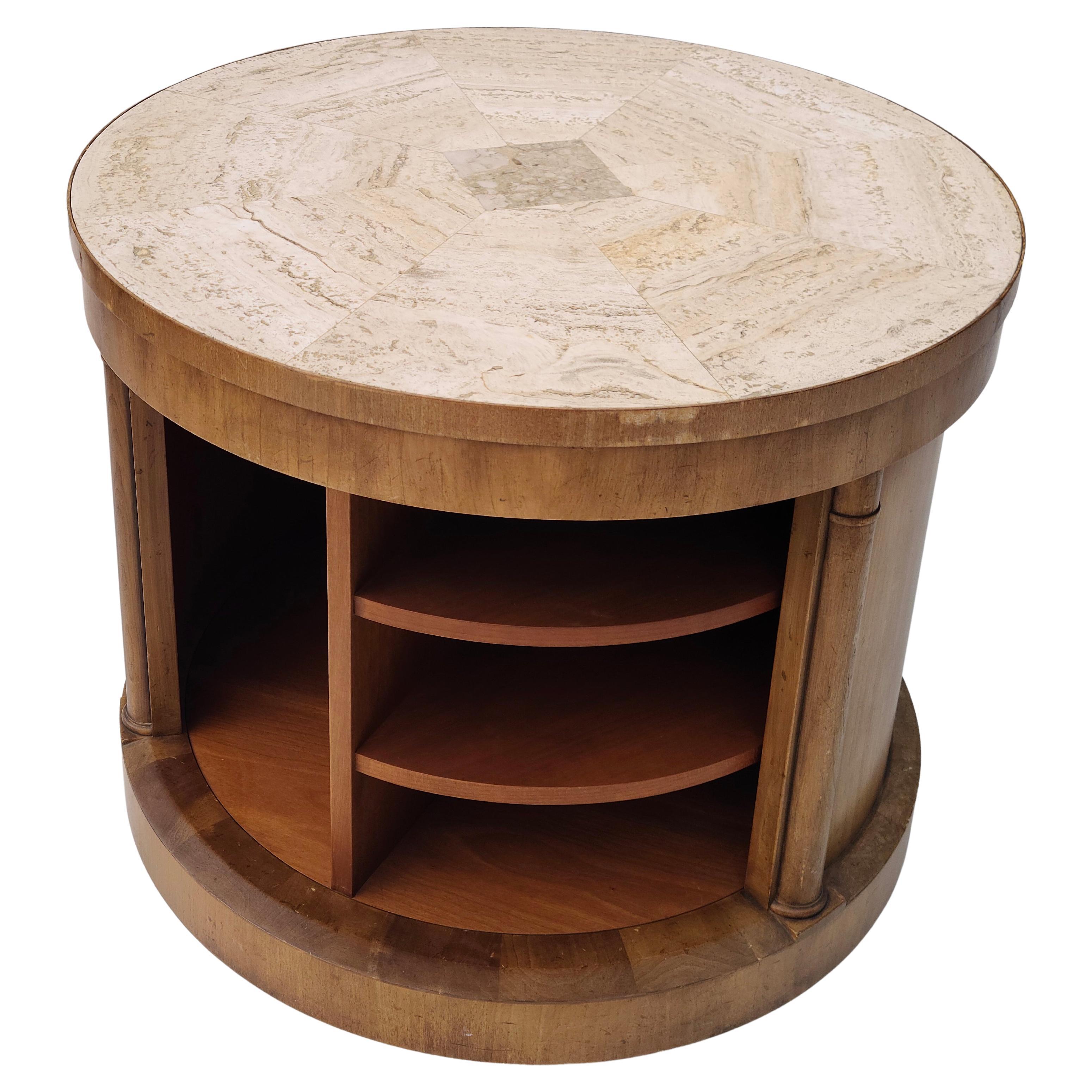 Neoclassical Barrister Speak Easy Table by Baker Travertine Walnut Cylinder