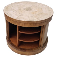 Retro Neoclassical Barrister Speak Easy Table by Baker Travertine Walnut Cylinder