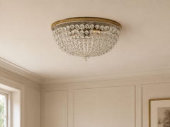 Neoclassical, Basket Flush Mount Ceiling Light, Bronze, Crystal, France, 20th c.