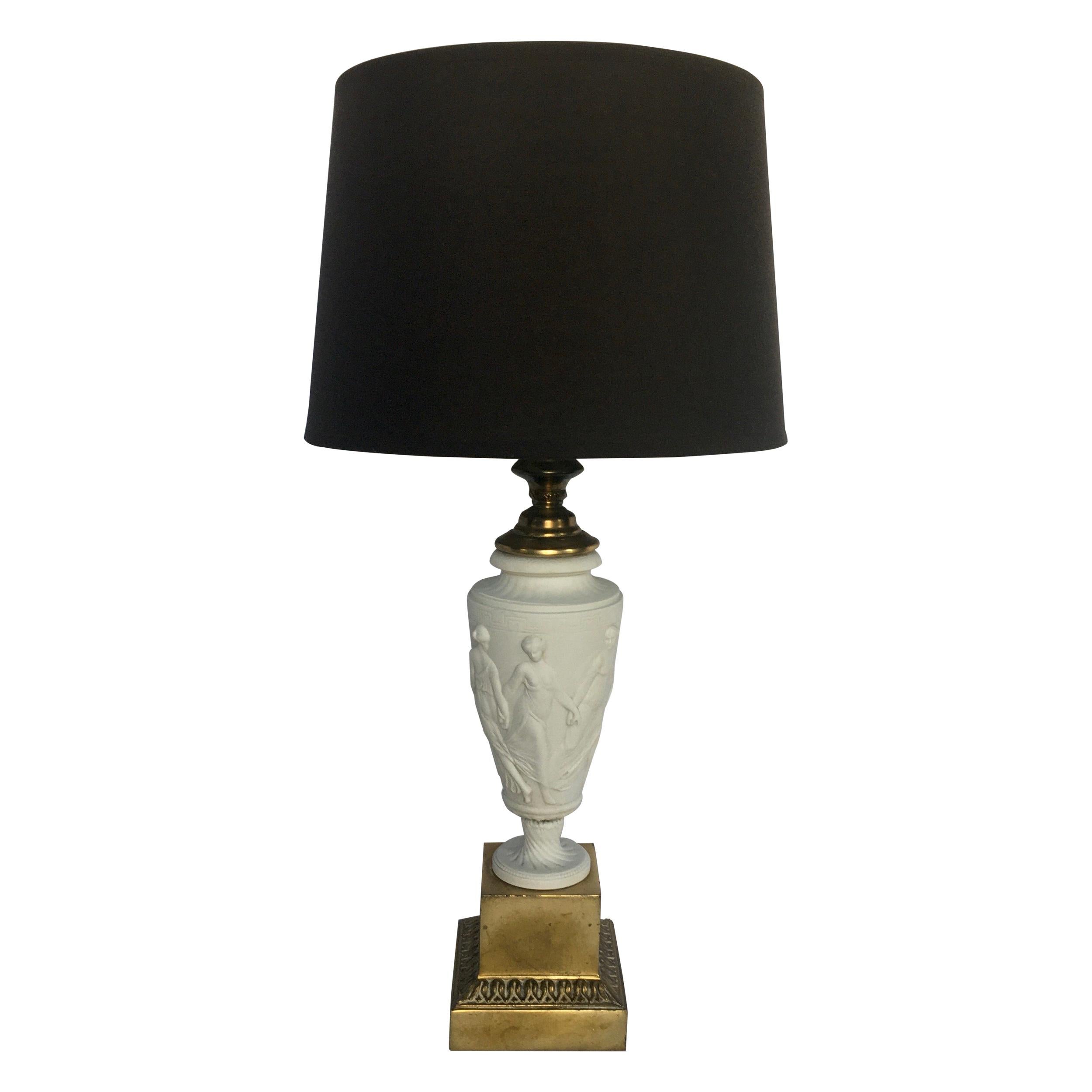 Neoclassical Bisque Porcelain, Silver Greek Key Table Lamp