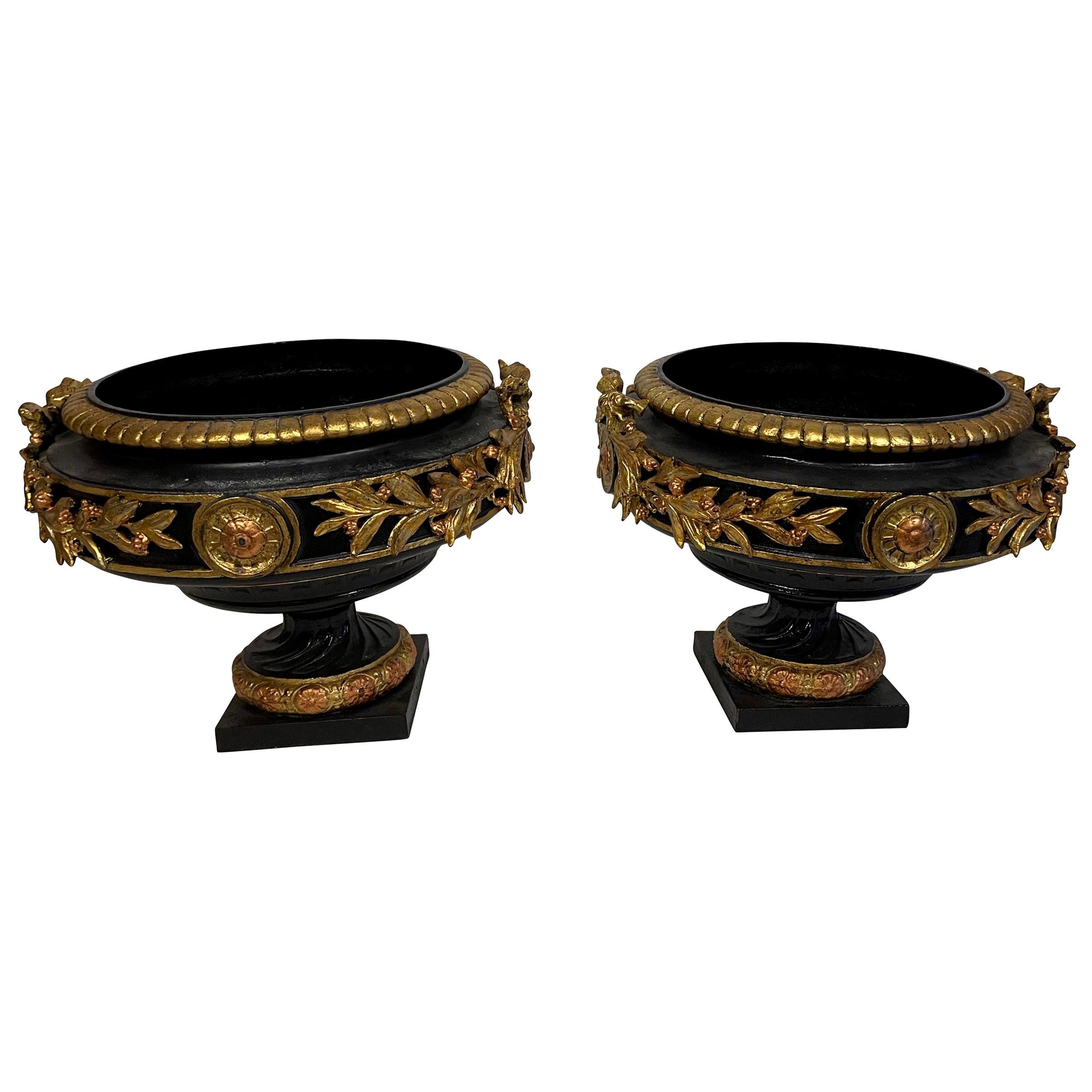 Black and Gilt Cast Iron Urns/ Planters Neoclassical Style  For Sale