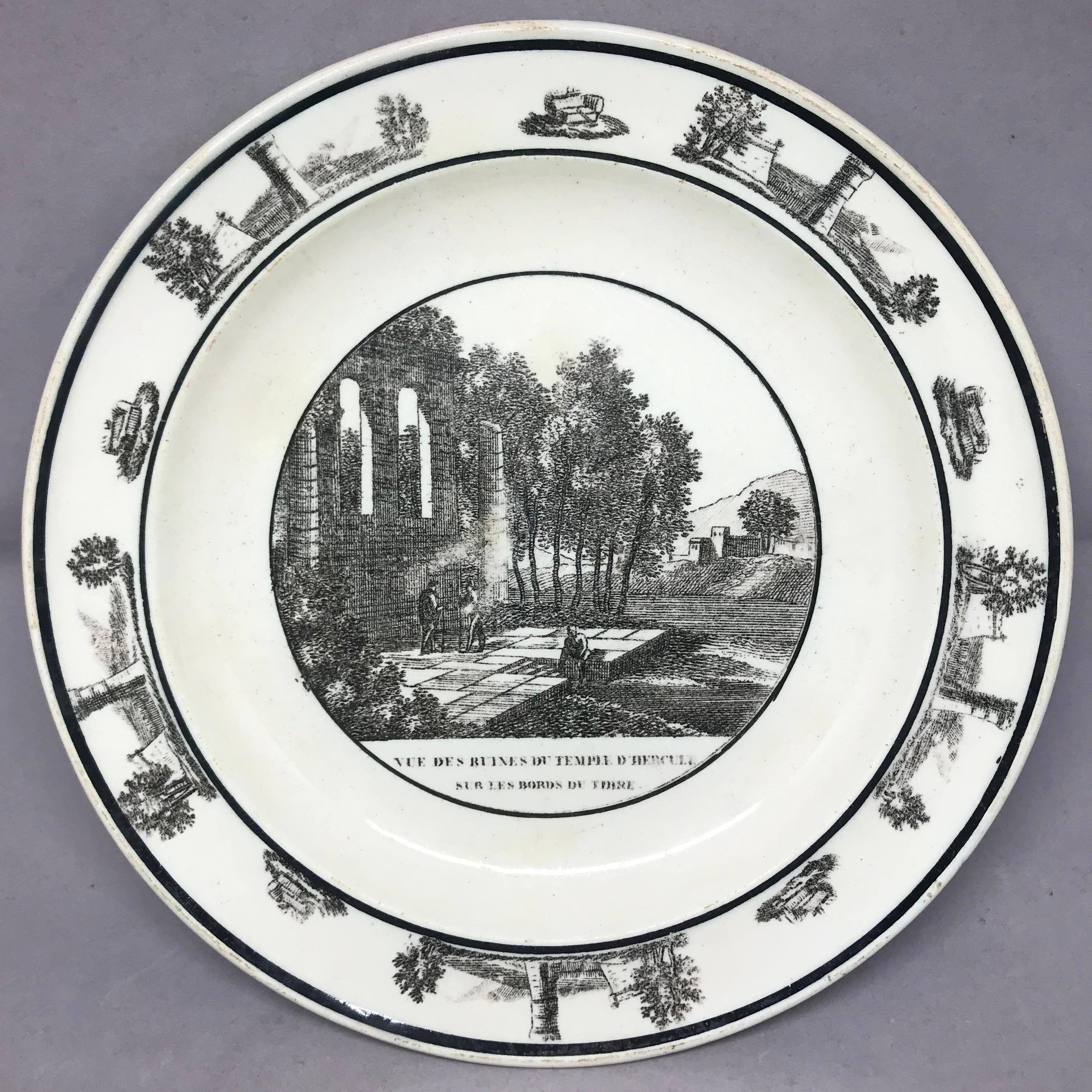 Neoclassical black and white creamware plate. French transfer creamware plate with 