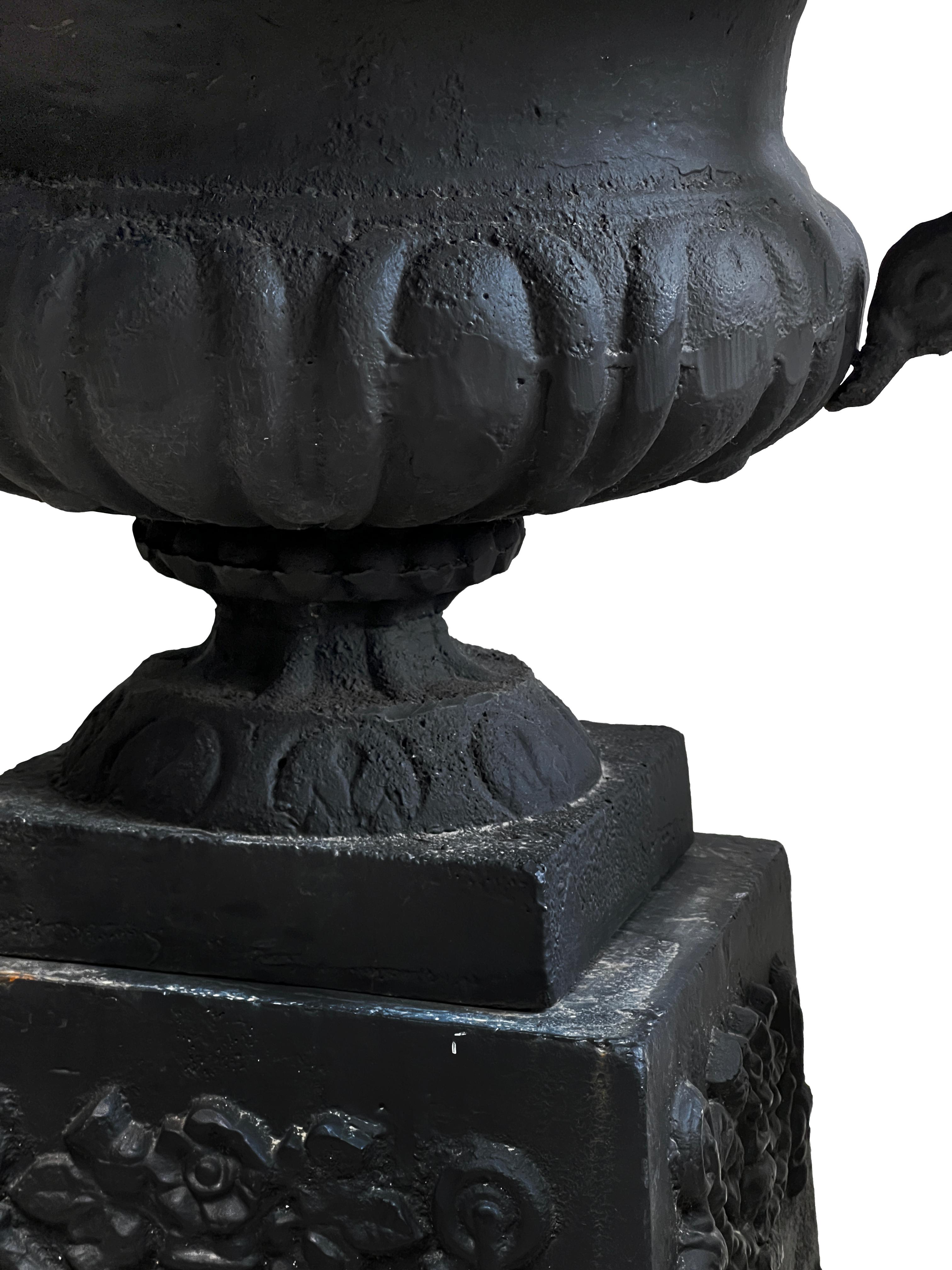 19th Century Neoclassical Black Cast Iron Urns with Base / Plinth (Set of 2) For Sale