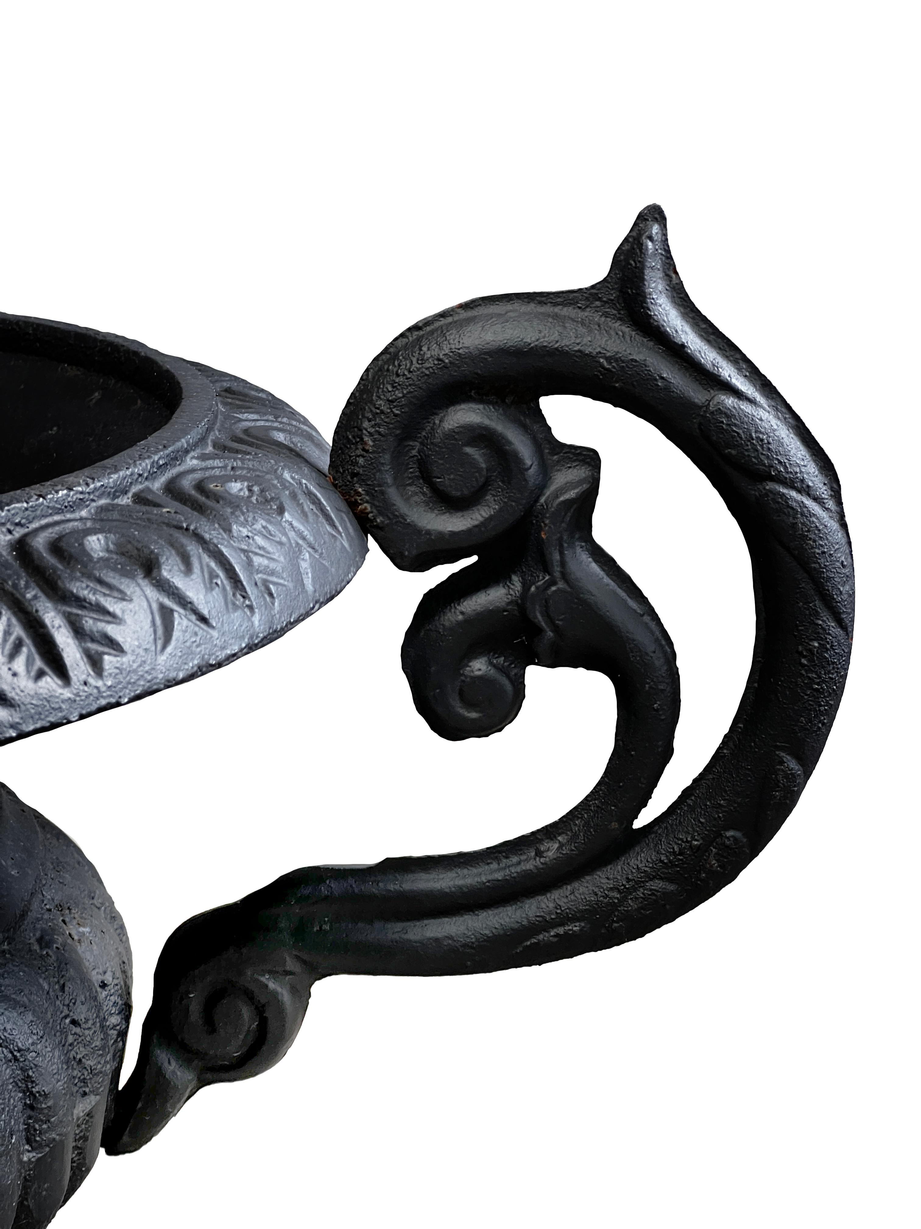 Neoclassical Black Cast Iron Urns with Base / Plinth (Set of 2) For Sale 1