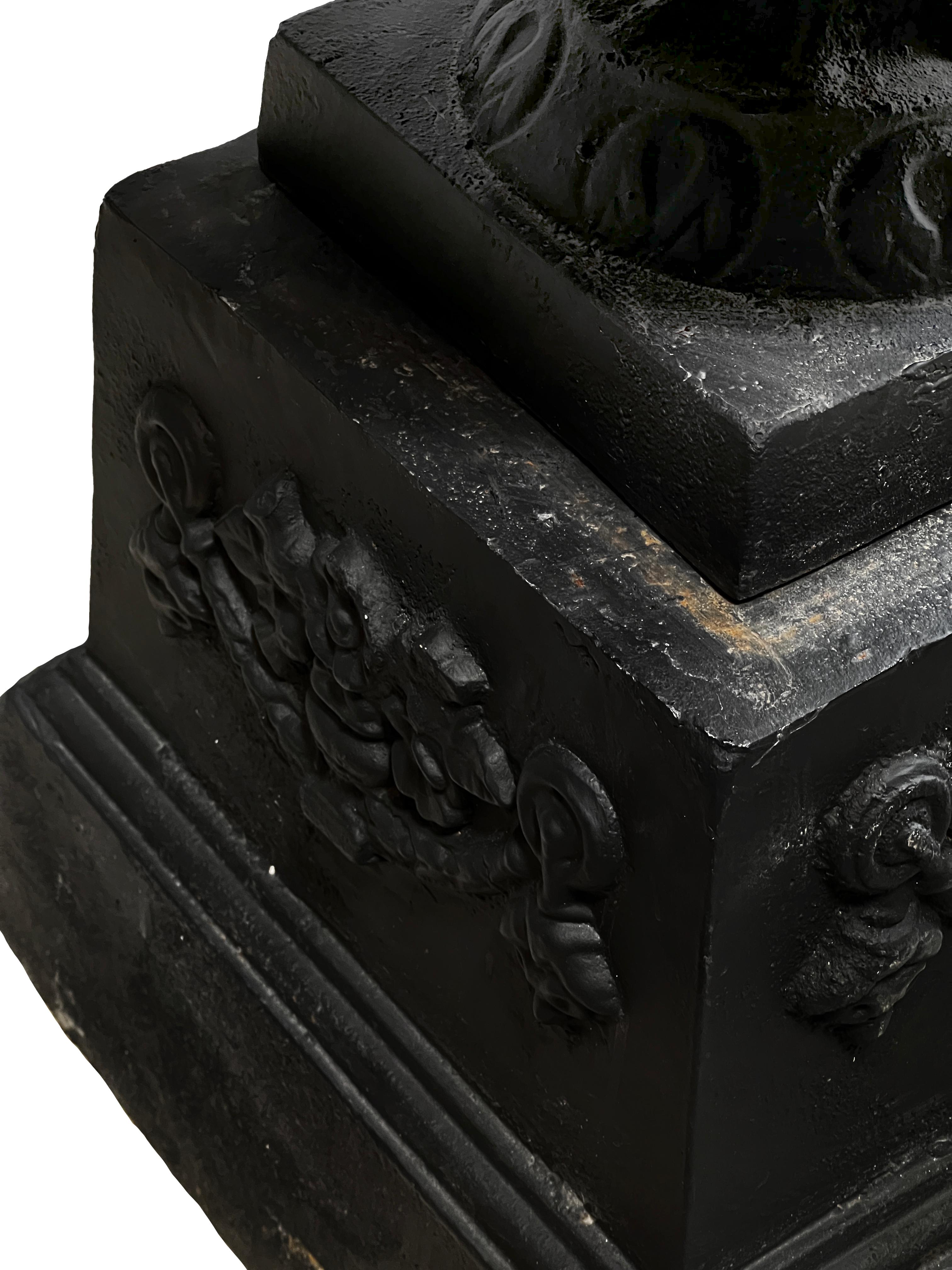 Neoclassical Black Cast Iron Urns with Base / Plinth (Set of 2) For Sale 2