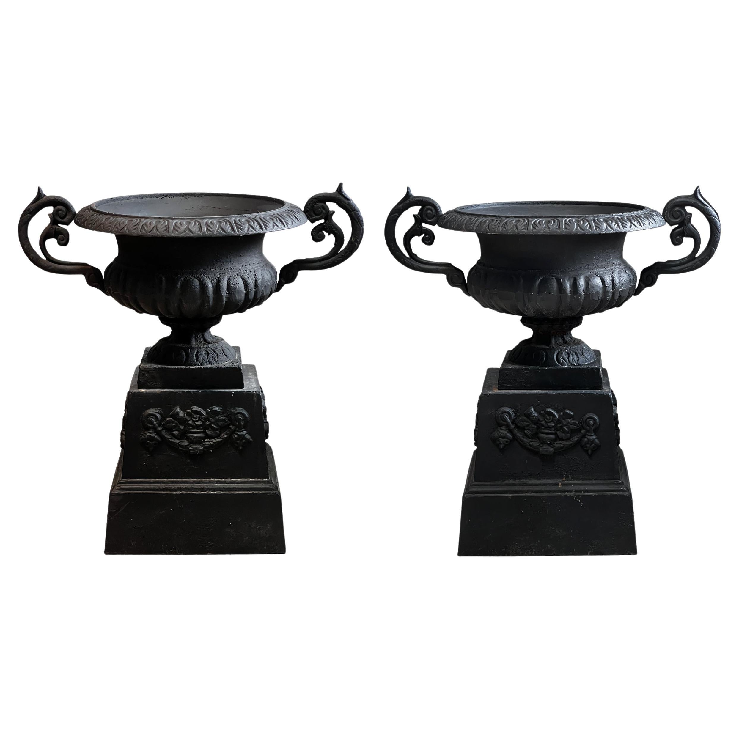 Neoclassical Black Cast Iron Urns with Base / Plinth (Set of 2) For Sale