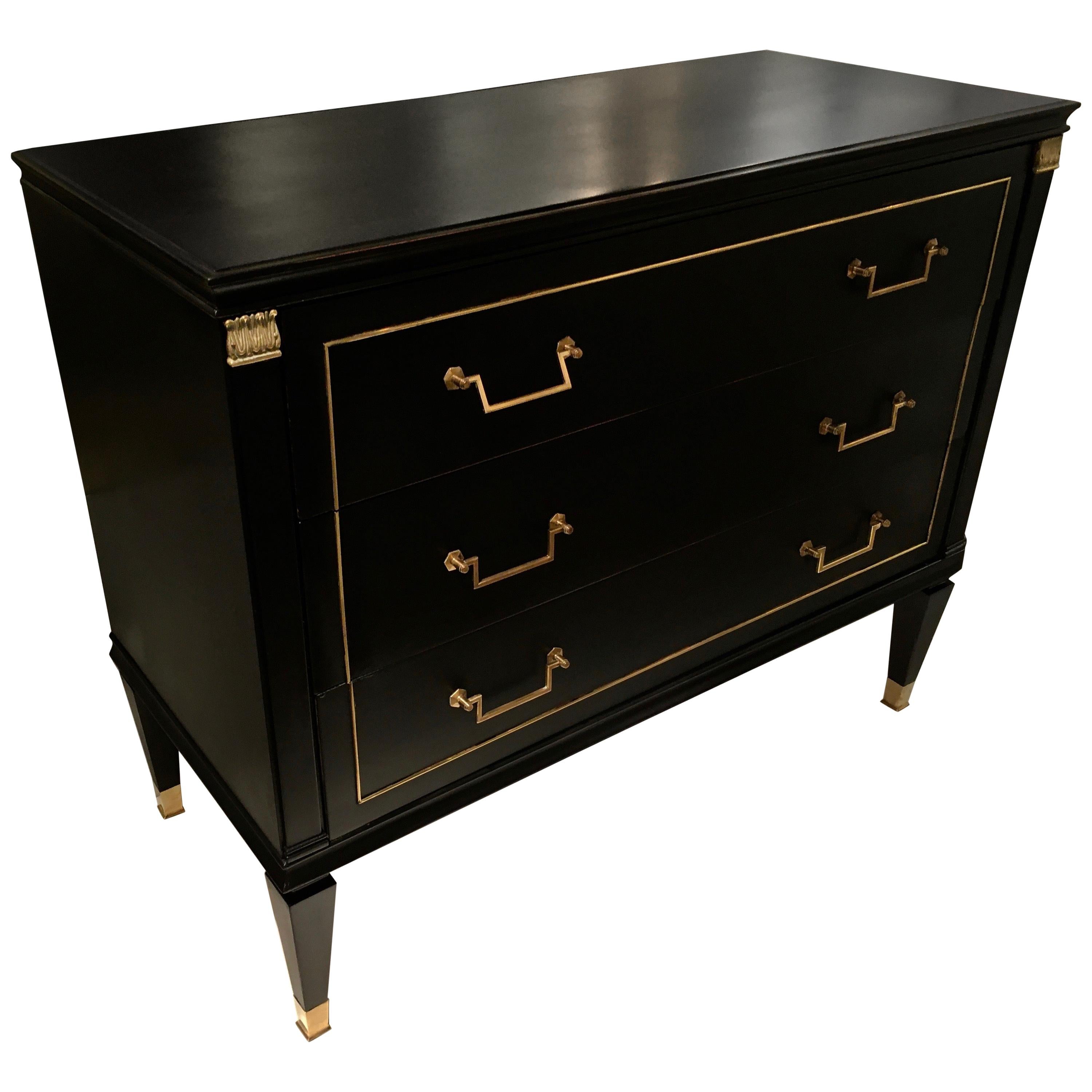 Neoclassical Black Lacquer Chest of Drawers by Jacques Quinet, France, 1948