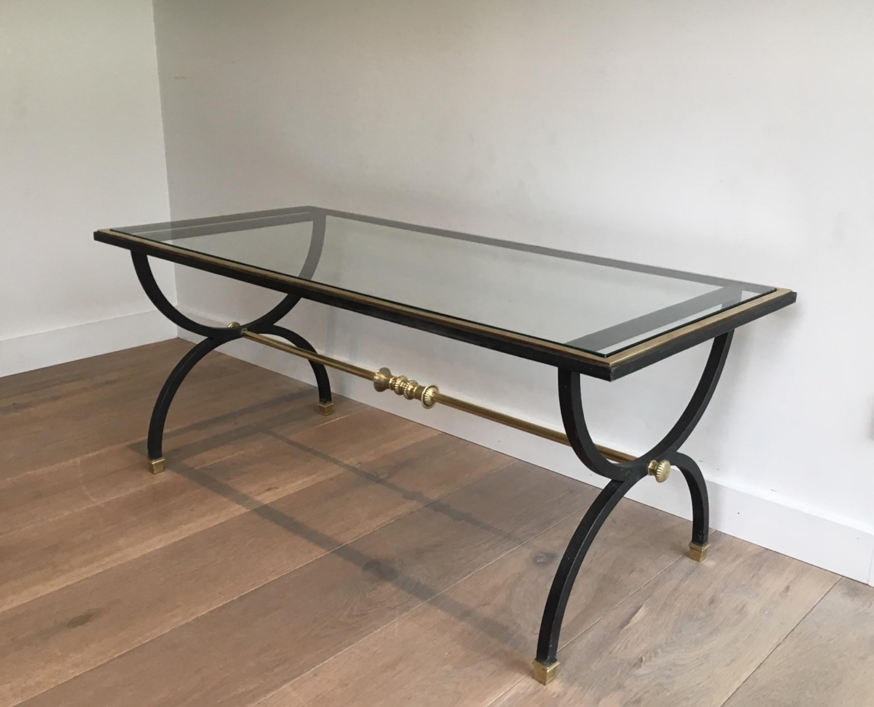 Neoclassical Black Steel and Brass Coffee Table, circa 1950 For Sale 15