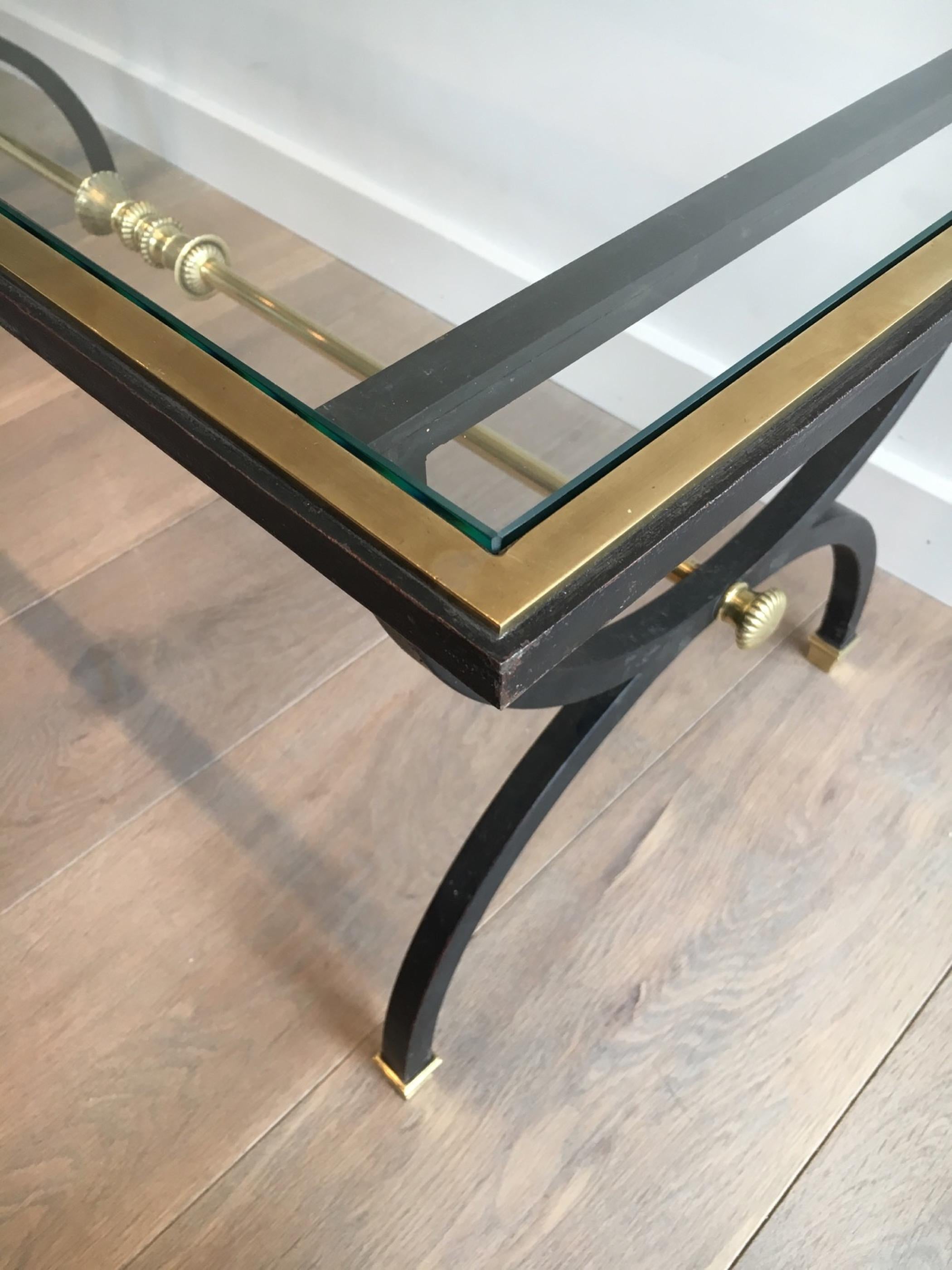 Neoclassical Black Steel and Brass Coffee Table, circa 1950 For Sale 2