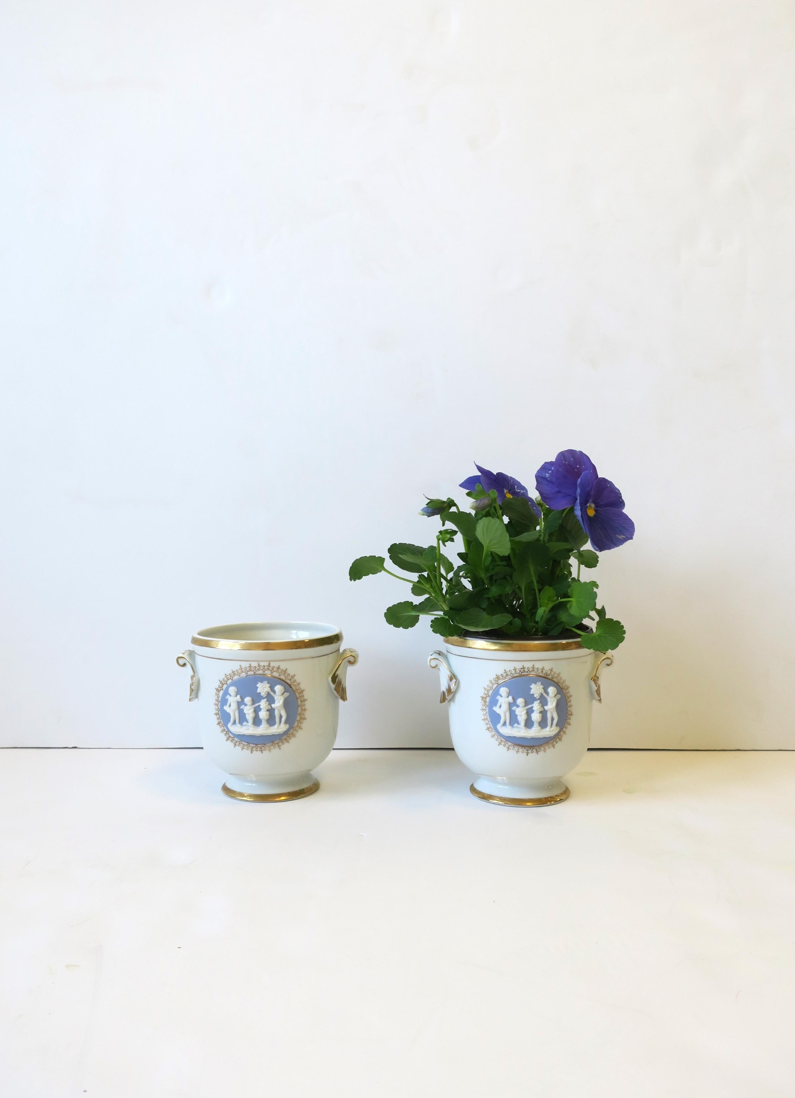 Ceramic Neoclassical Blue & White Plant Flower Planter Pots Cachepots Jardinières, Pair