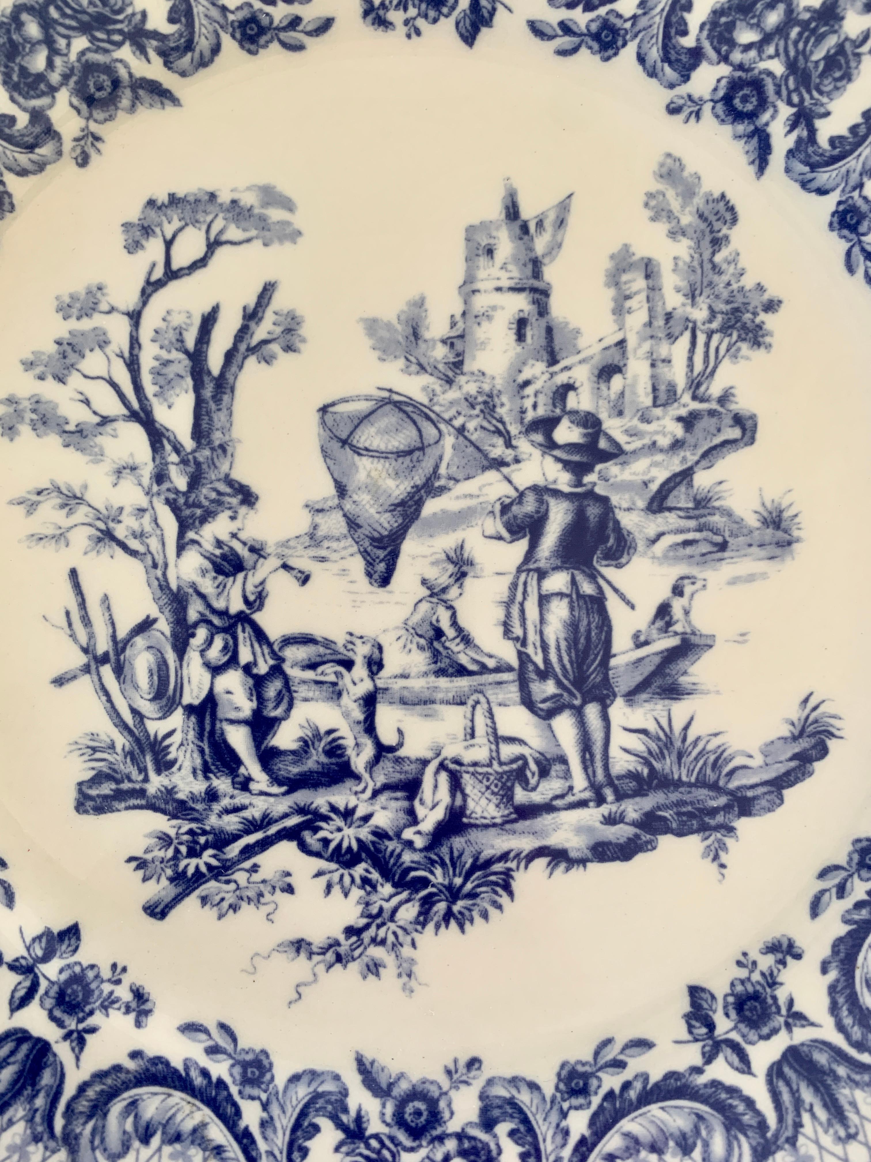Neoclassical Blue and White Scenic Pastoral Porcelain Plates by Goddinger, Set O For Sale 1