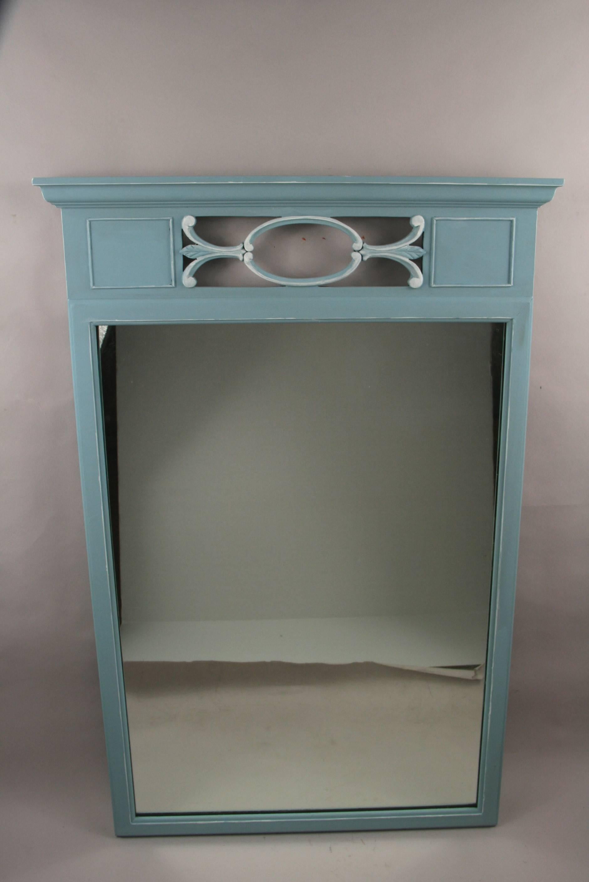 Antique Neoclassical Wood Mirror Painted  French Blue 1930's In Good Condition In Douglas Manor, NY