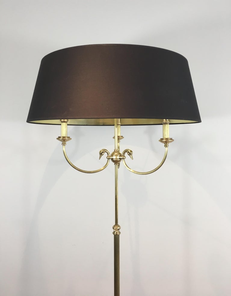 Mid-Century Modern Neoclassical Brass Adjustable Floor Lamp with Swanheads For Sale