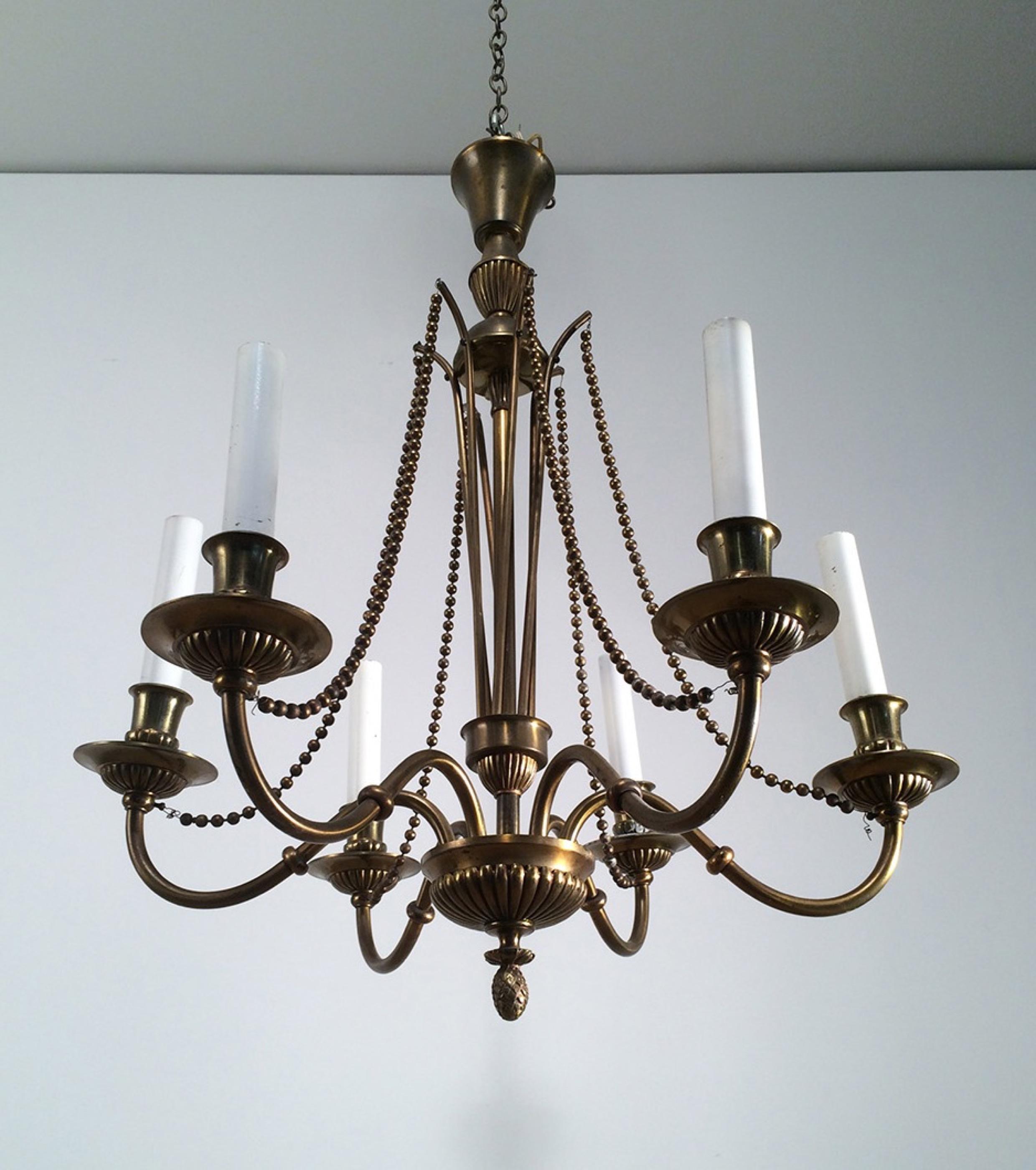 Neoclassical Brass and Bronze Chandelier, circa 1940 10