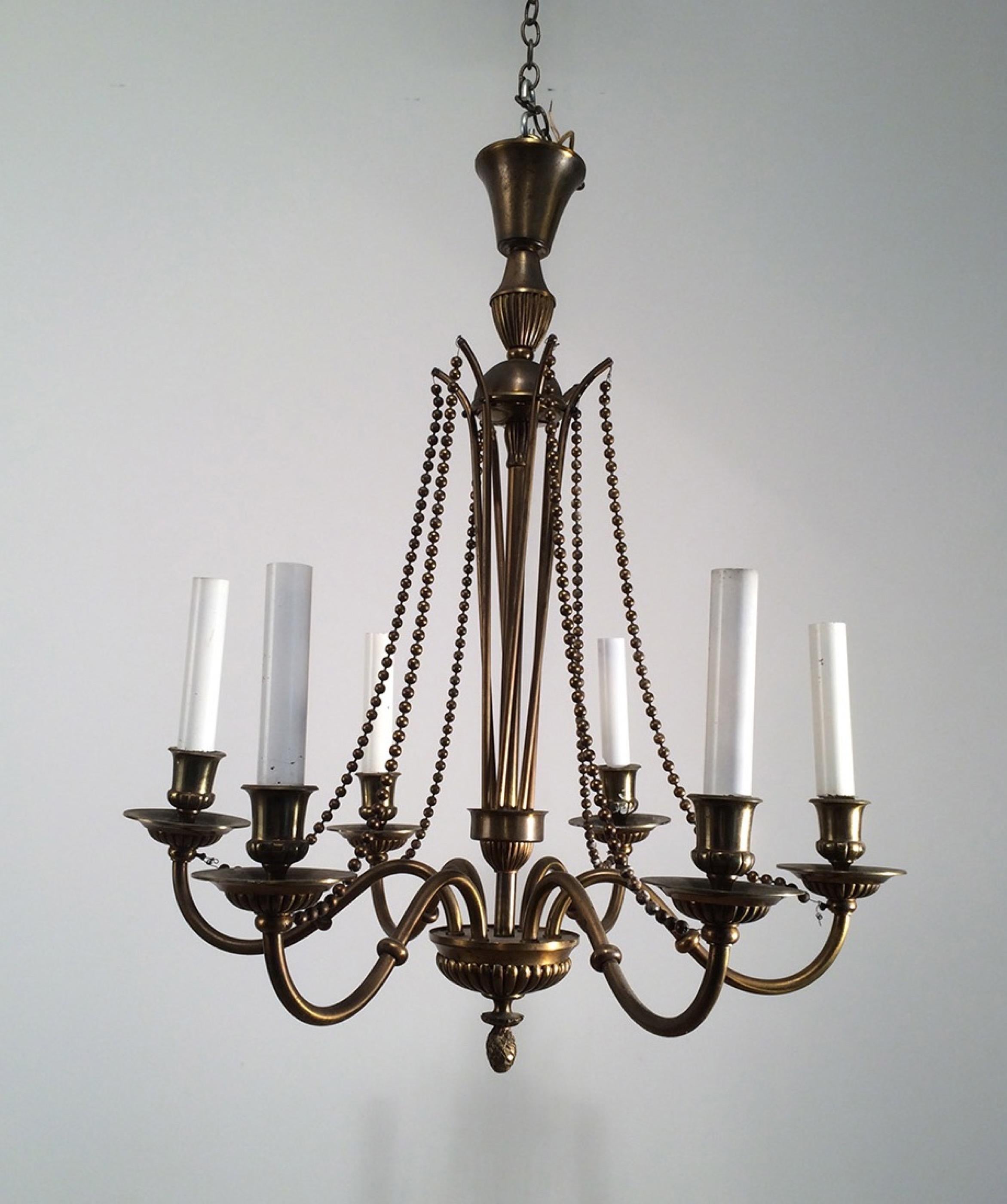French Neoclassical Brass and Bronze Chandelier, circa 1940