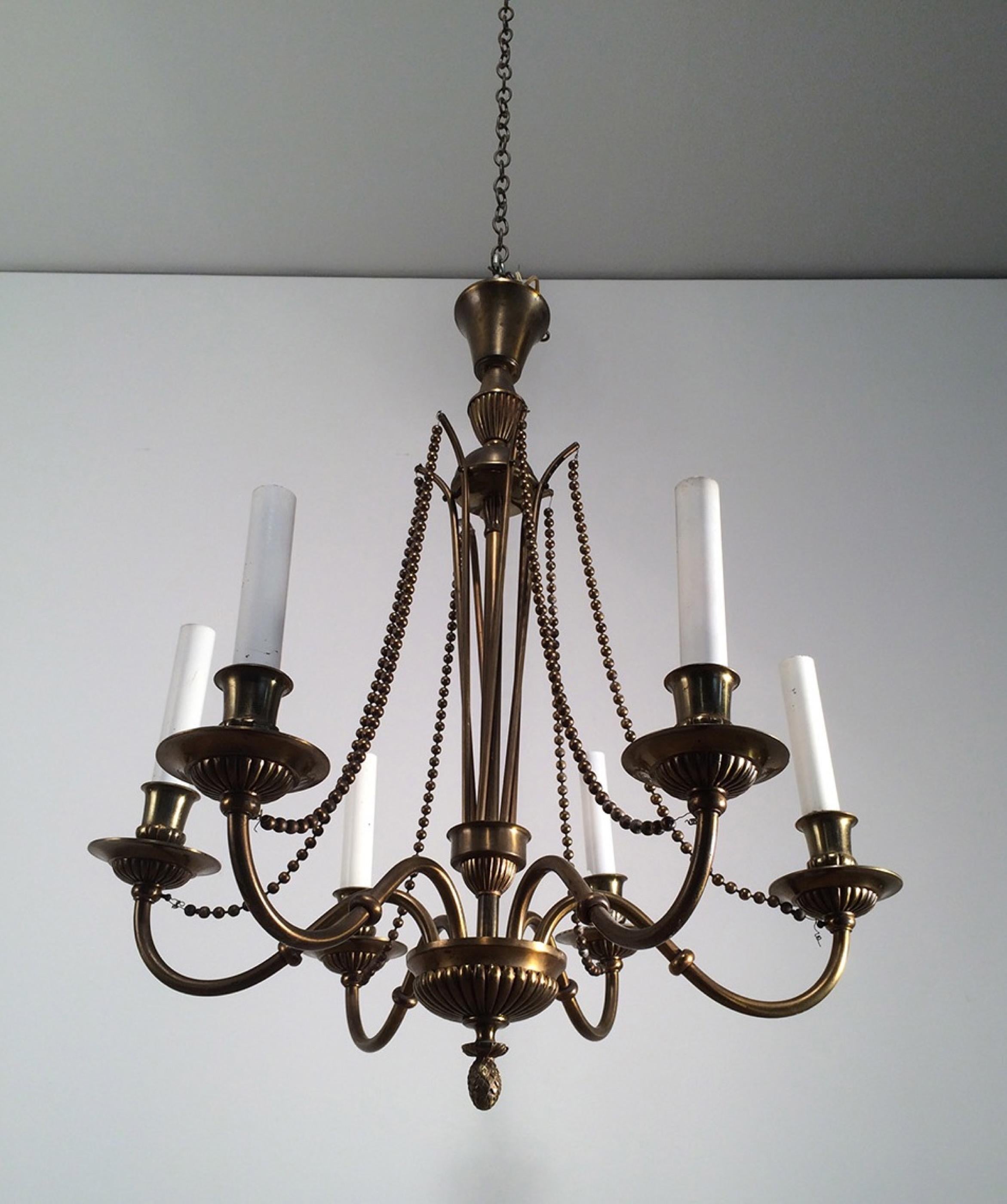 Mid-20th Century Neoclassical Brass and Bronze Chandelier, circa 1940