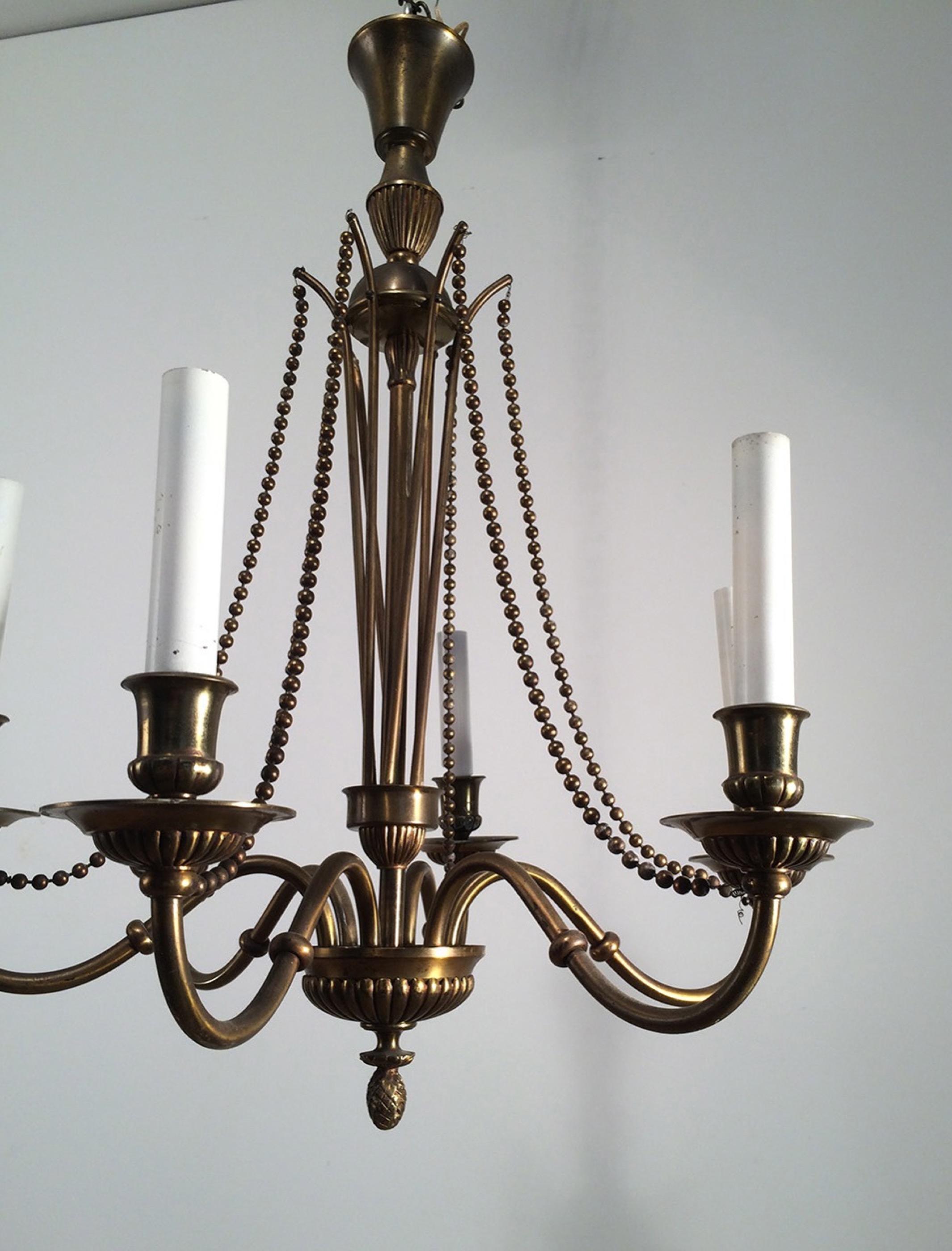 Neoclassical Brass and Bronze Chandelier, circa 1940 1
