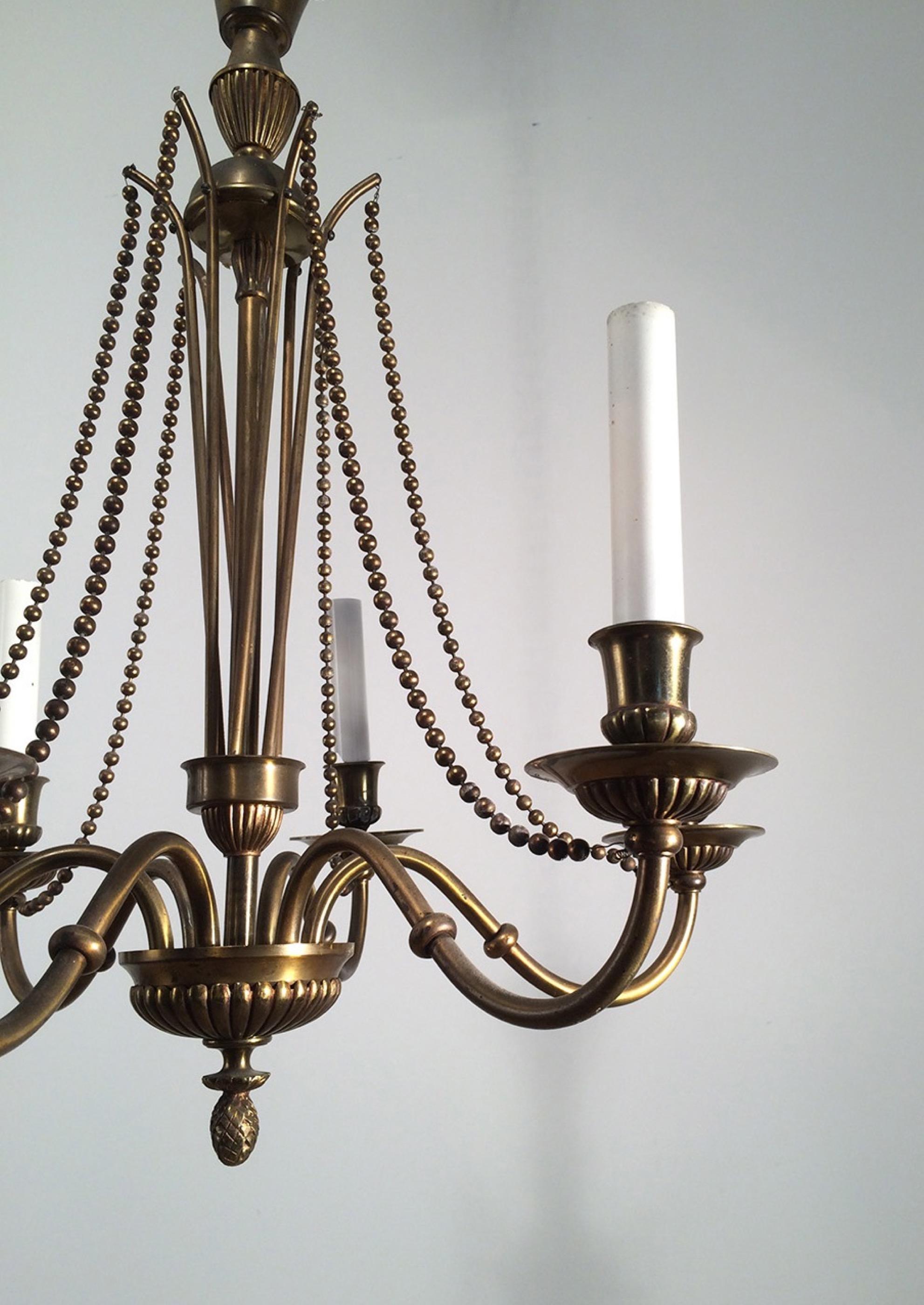 Neoclassical Brass and Bronze Chandelier, circa 1940 2