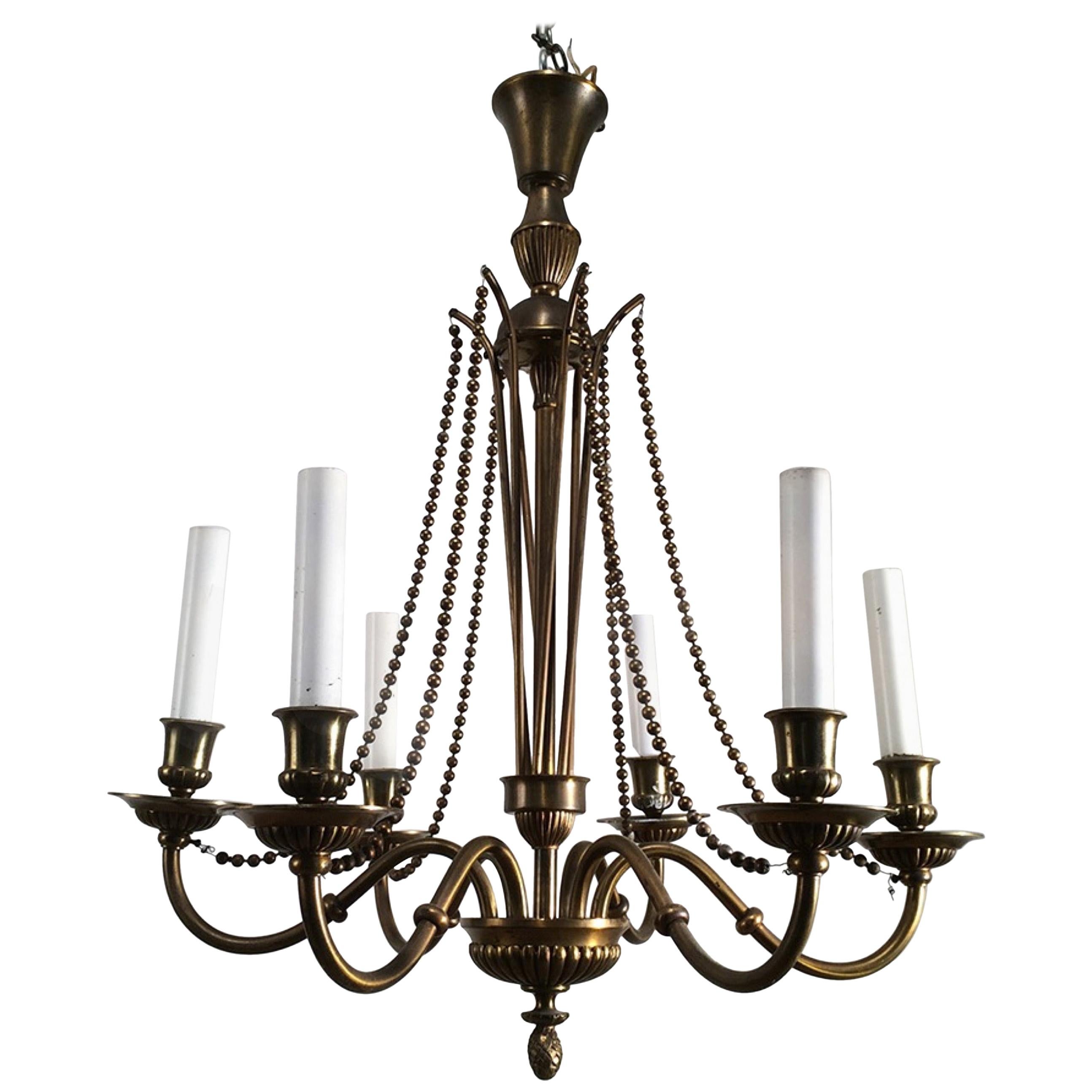Neoclassical Brass and Bronze Chandelier, circa 1940