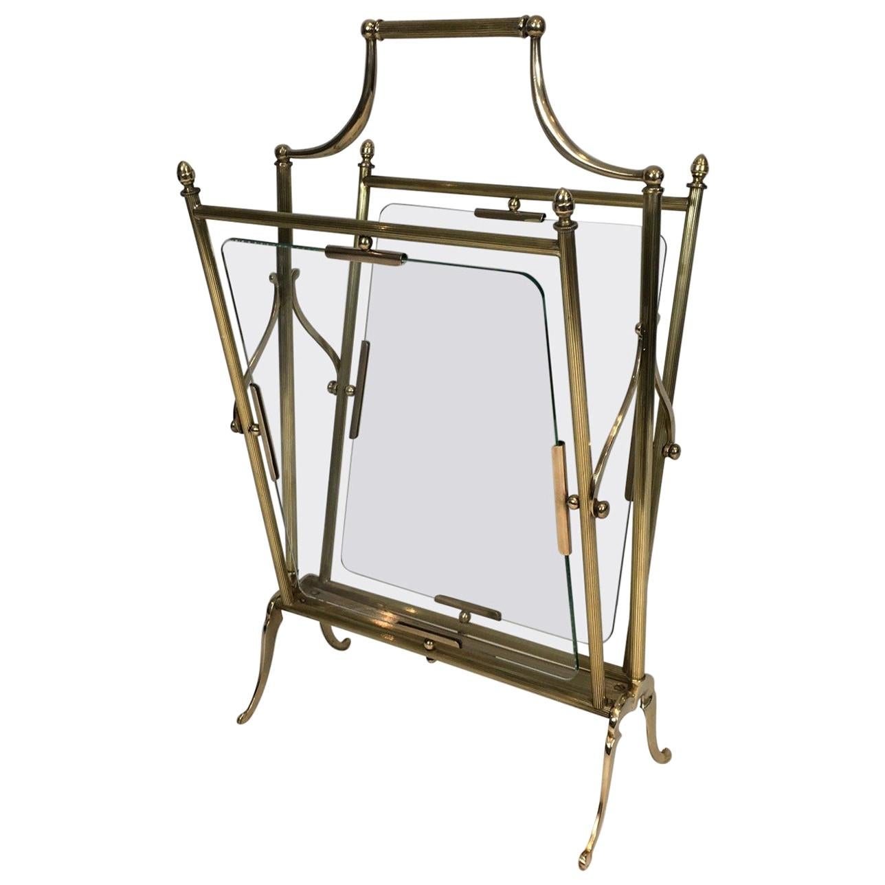 Neoclassical Brass and Glass Magazine Rack For Sale