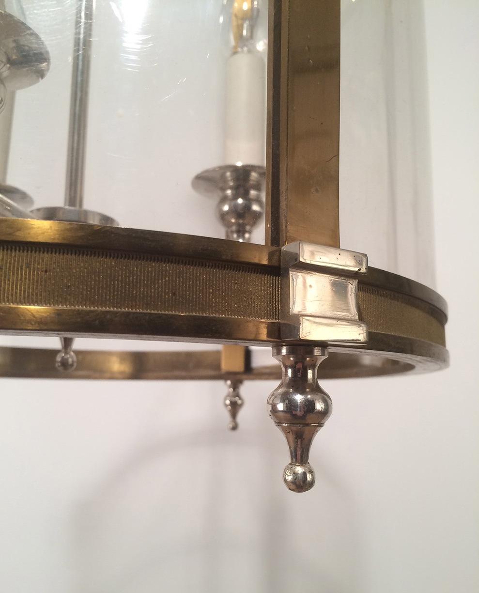 French Neoclassical Brass and Silver Lantern with Strong Rounded Lucite For Sale
