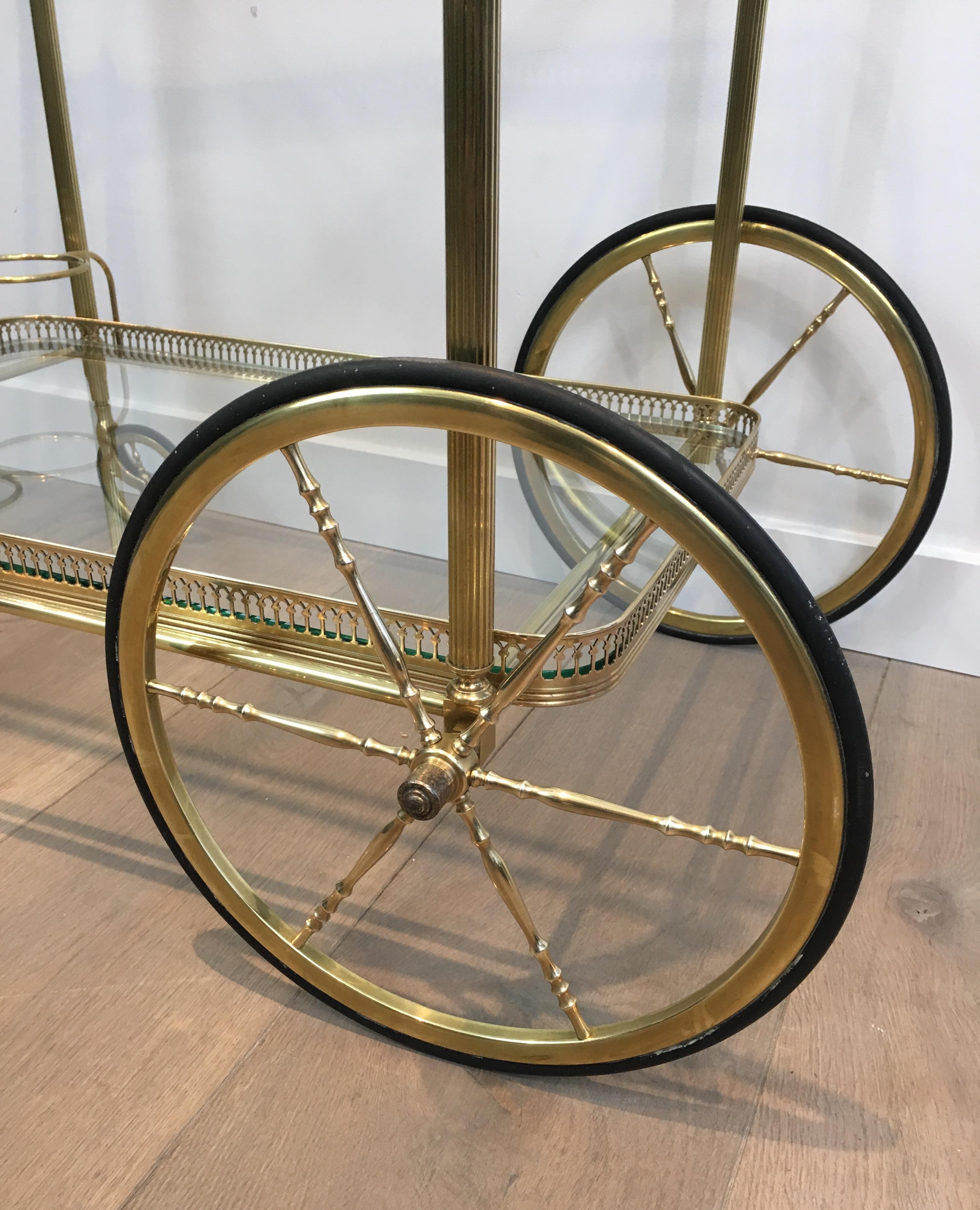 Neoclassical Brass Bar Cart with Large Wheels, French, circa 1940 3