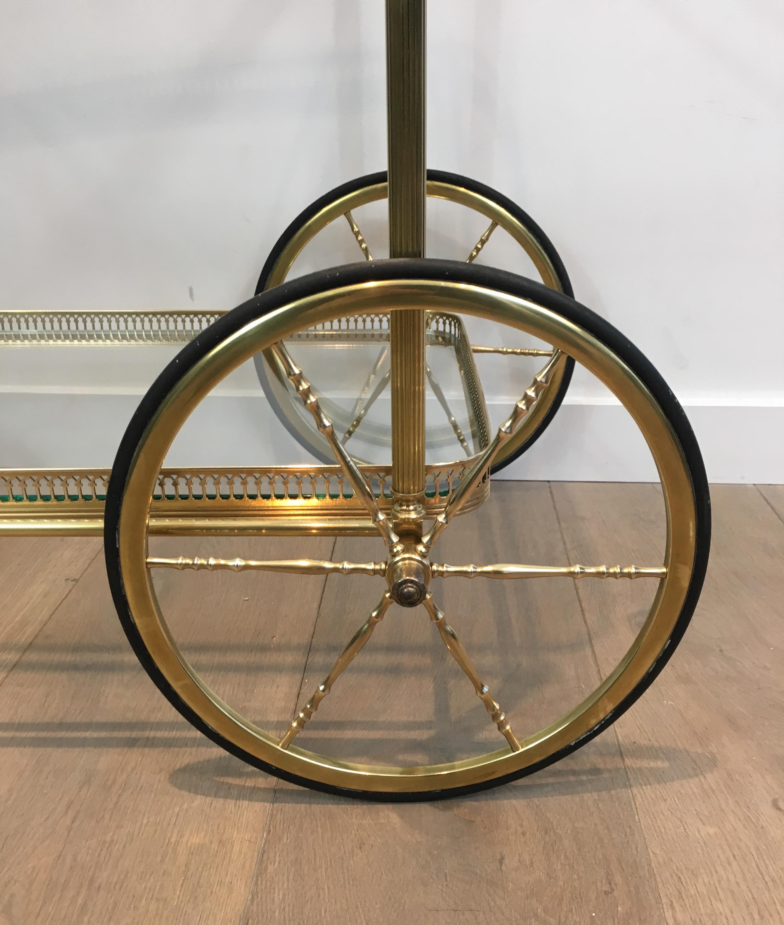 Neoclassical Brass Bar Cart with Large Wheels, French, circa 1940 4