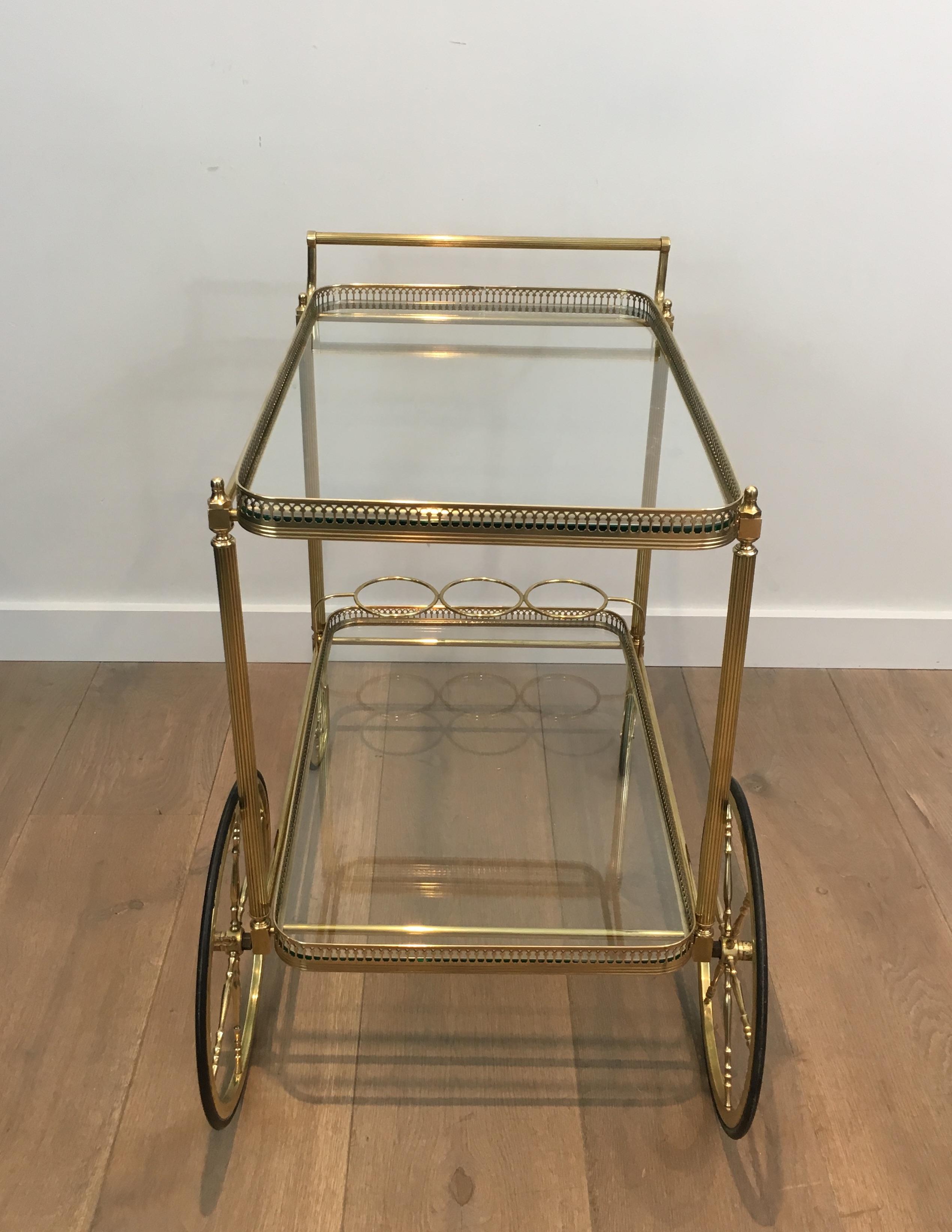 Neoclassical Brass Bar Cart with Large Wheels, French, circa 1940 5