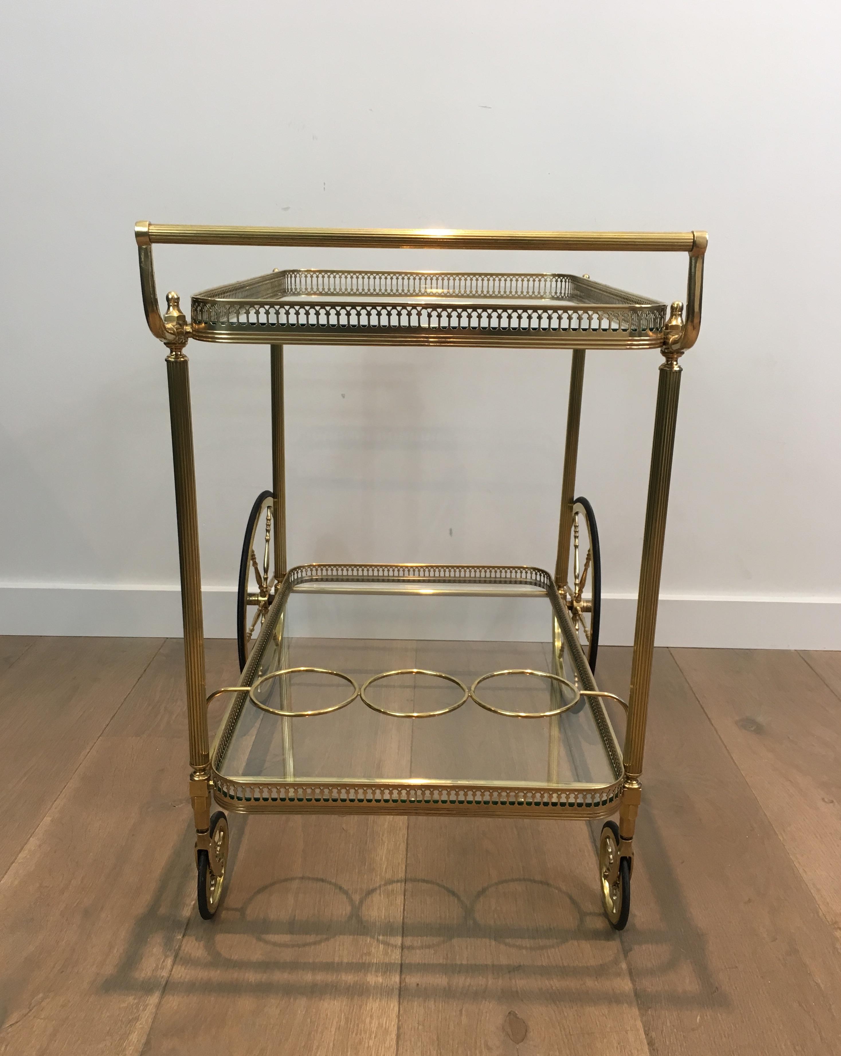 Neoclassical Brass Bar Cart with Large Wheels, French, circa 1940 6