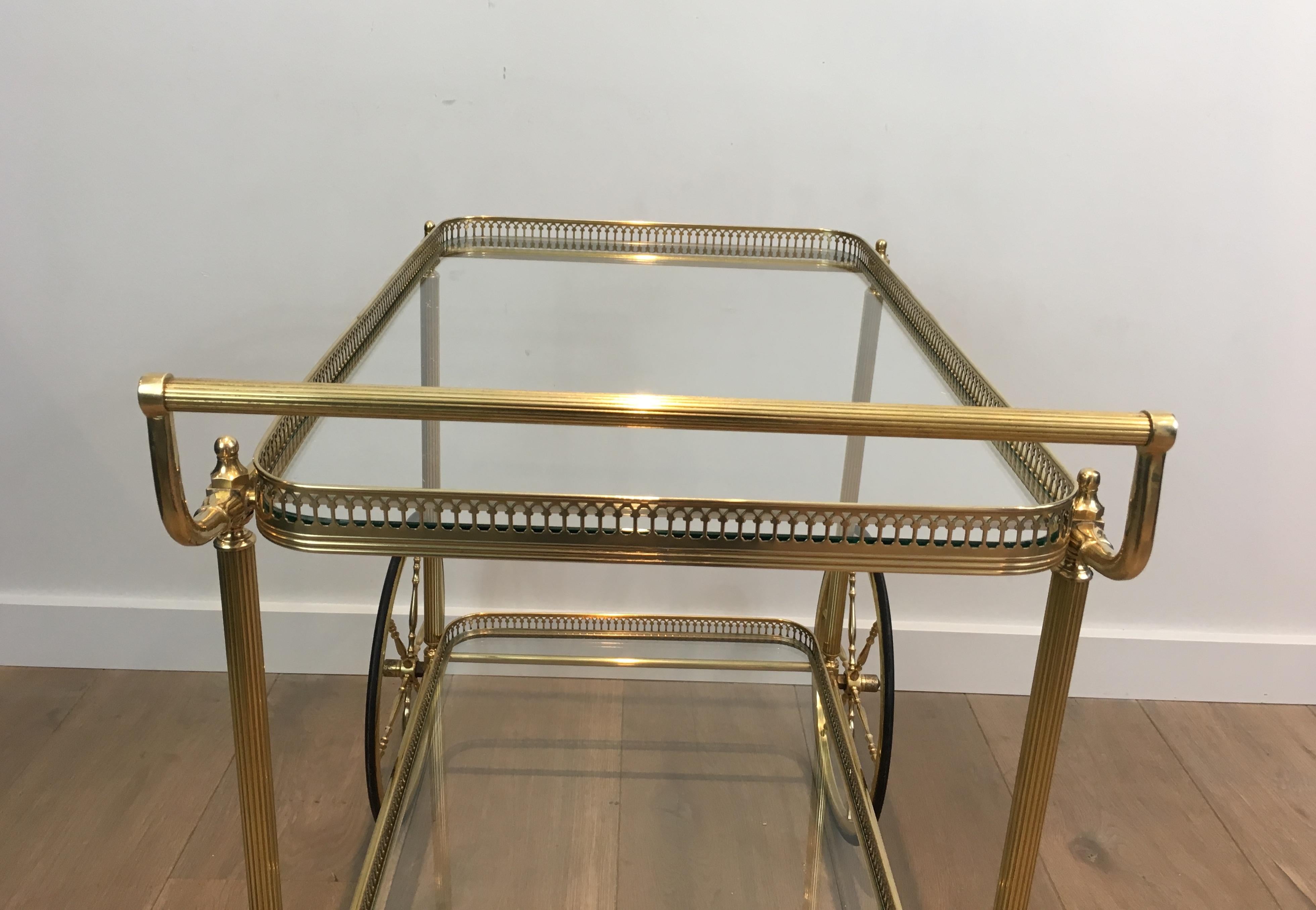Neoclassical Brass Bar Cart with Large Wheels, French, circa 1940 7