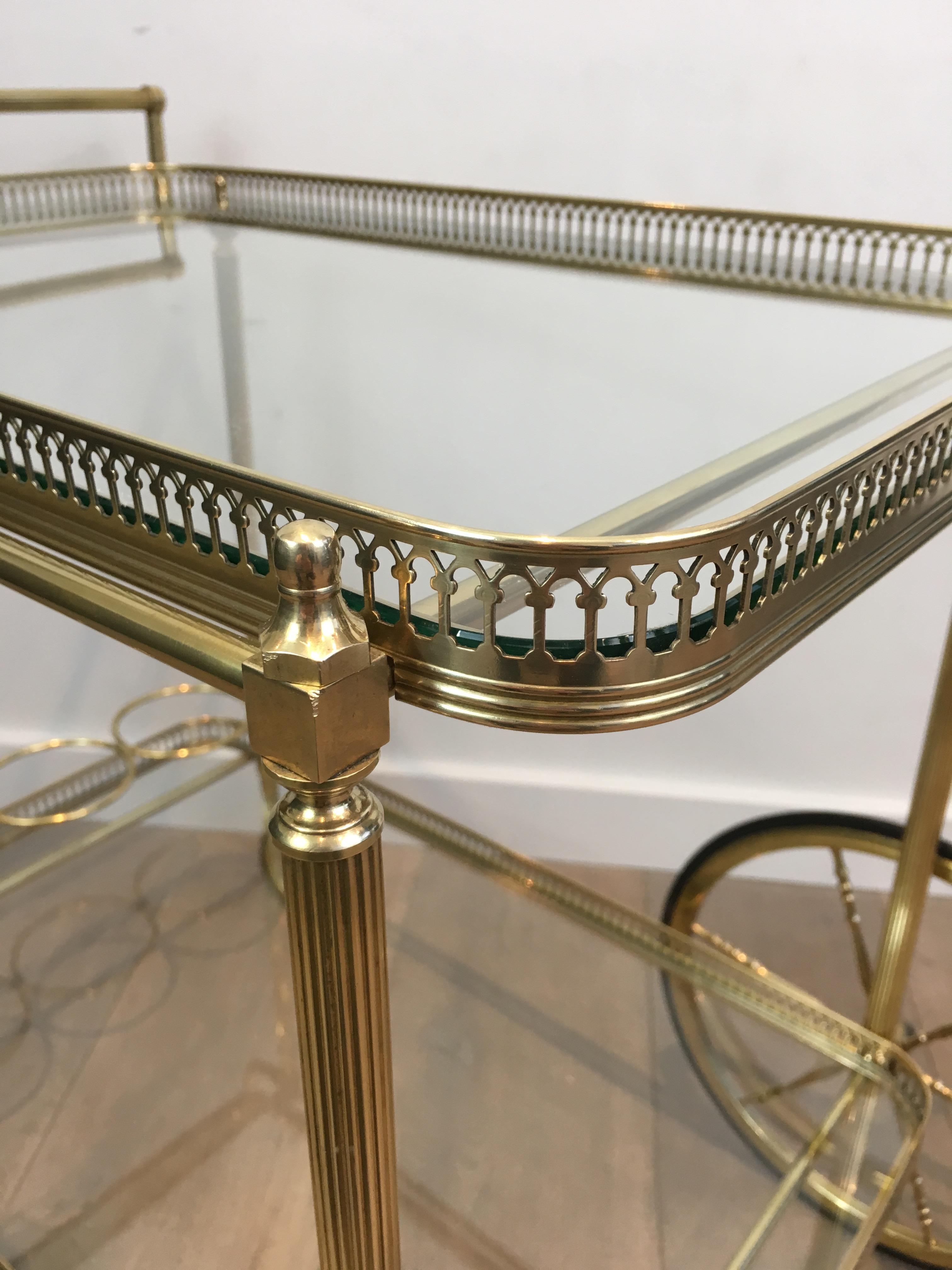 Neoclassical Brass Bar Cart with Large Wheels, French, circa 1940 10