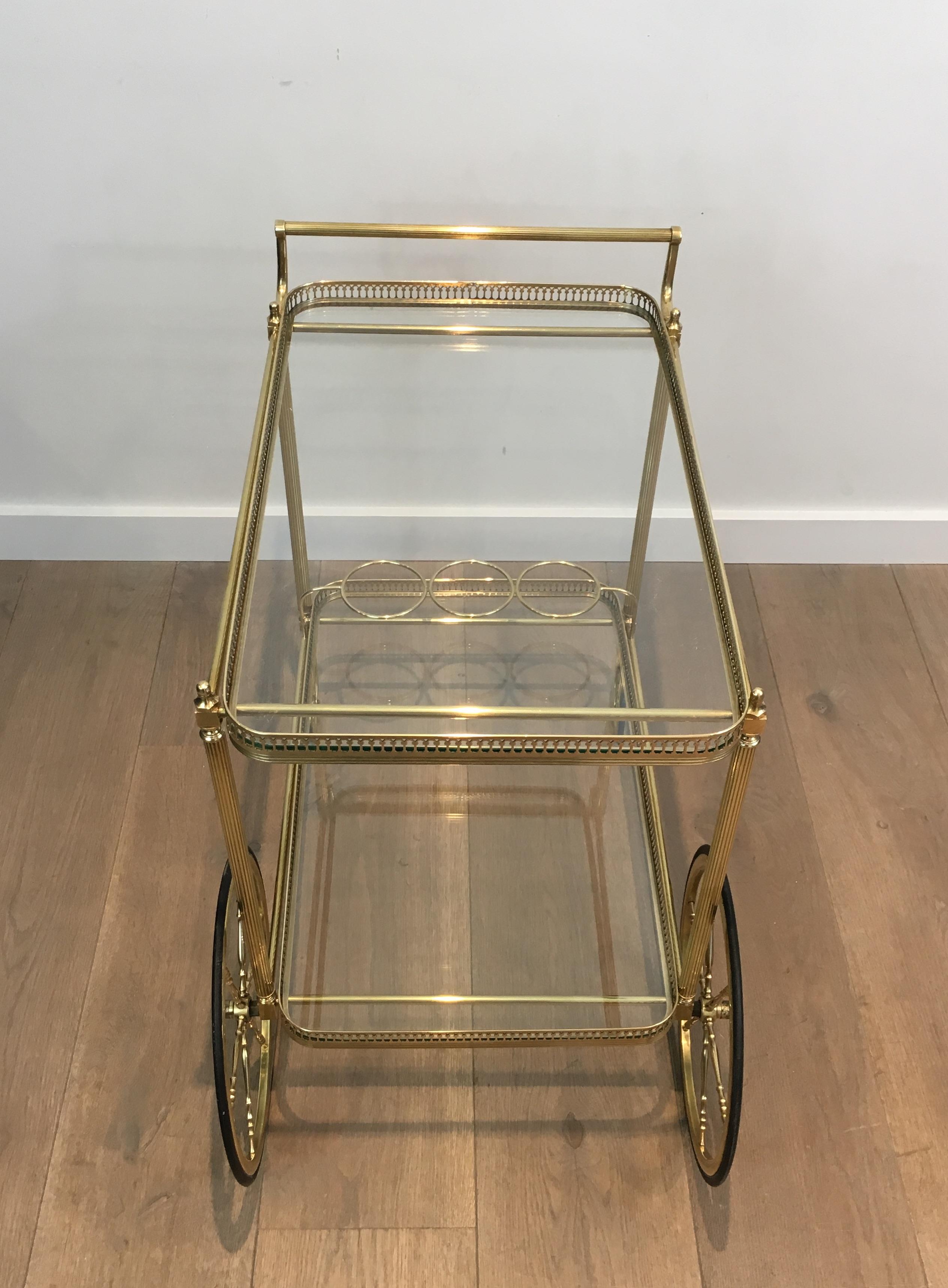 Neoclassical Brass Bar Cart with Large Wheels, French, circa 1940 11