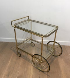 Neoclassical Brass Bar Cart with Large Wheels, French, circa 1940